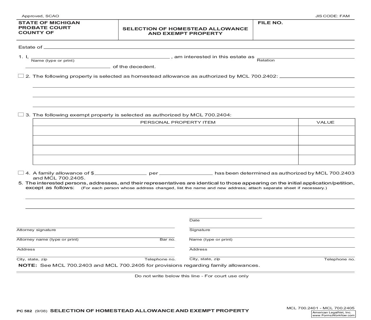 Selection Of Homestead Allowance And Exempt Property {PC 582} | Pdf Fpdf Doc Docx | Michigan
