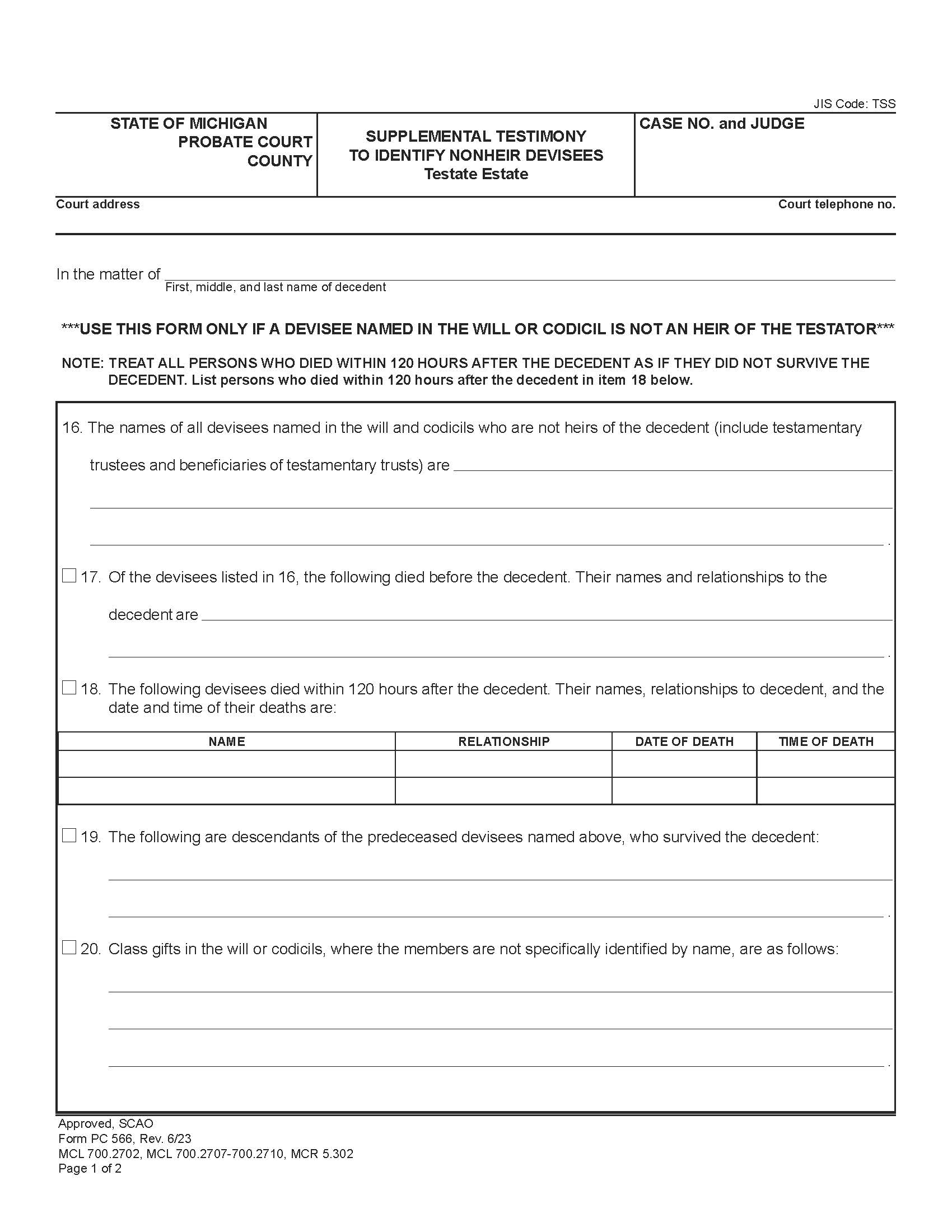 Supplemental Testimony To Identify Nonheir DeviseesTestate Estate {PC 566} | Pdf Fpdf Docx | Michigan