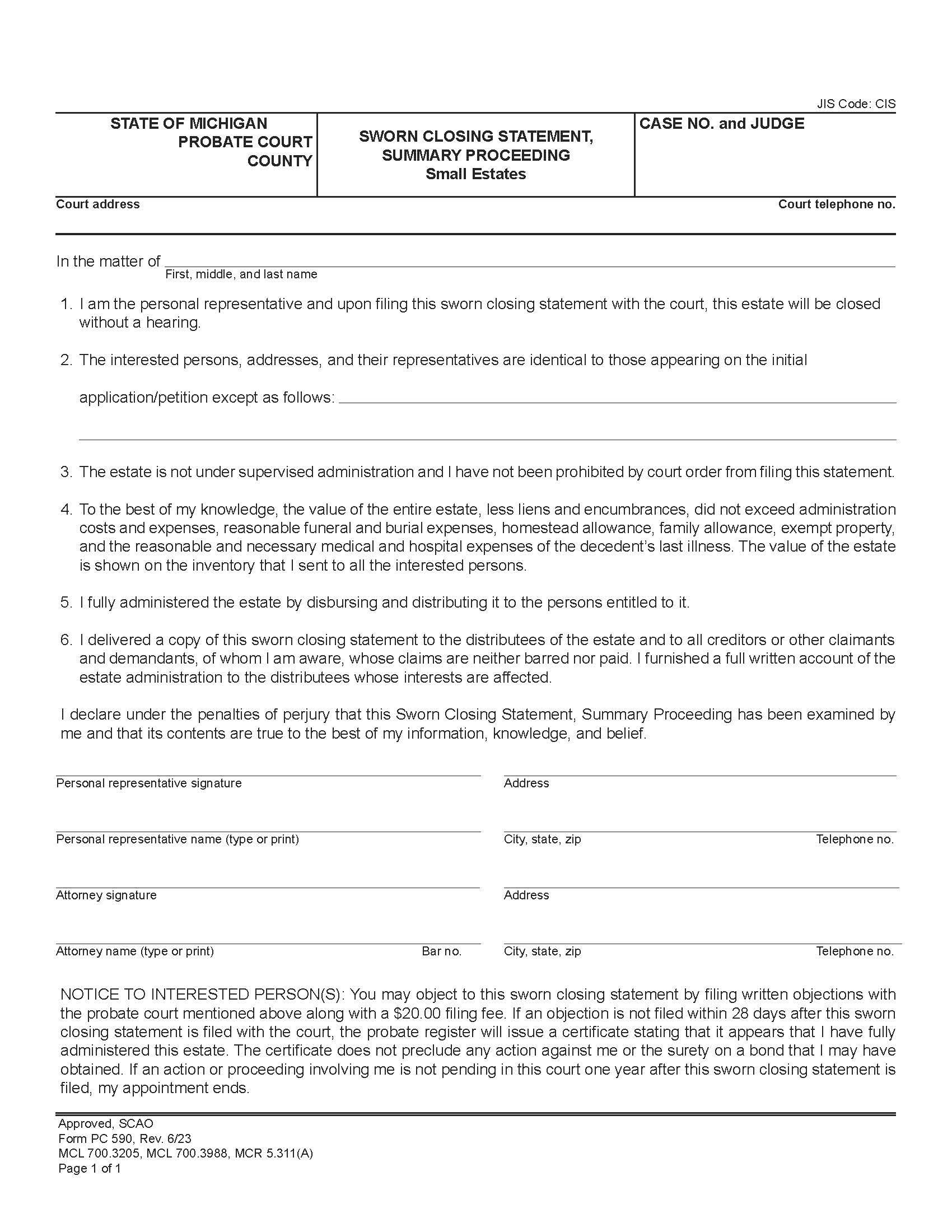 Sworn Closing Statement Summary Proceeding Small Estates {PC 590} | Pdf Fpdf Doc Docx | Michigan