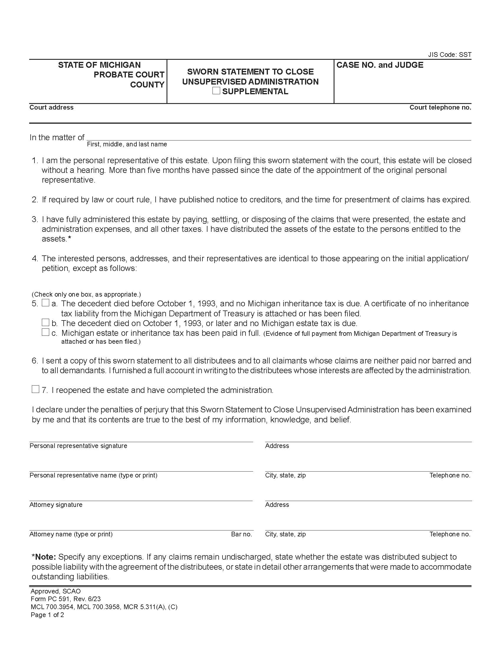 Sworn Statement To Close Unsupervised Administration {PC 591} | Pdf Fpdf Doc Docx | Michigan