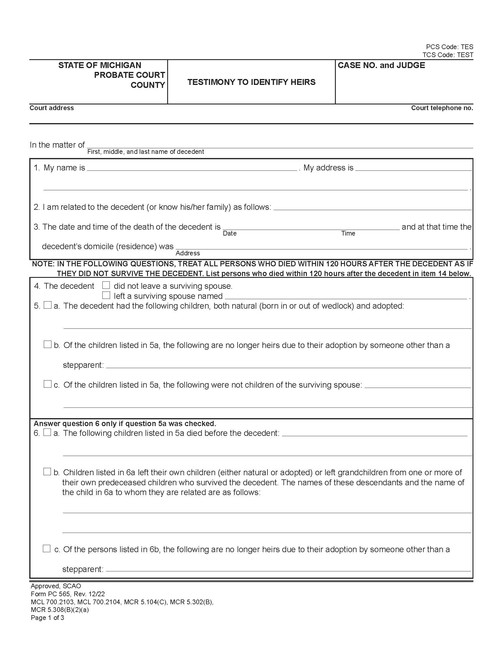 Testimony To Identify Heirs {PC 565} | Pdf Fpdf Docx | Michigan