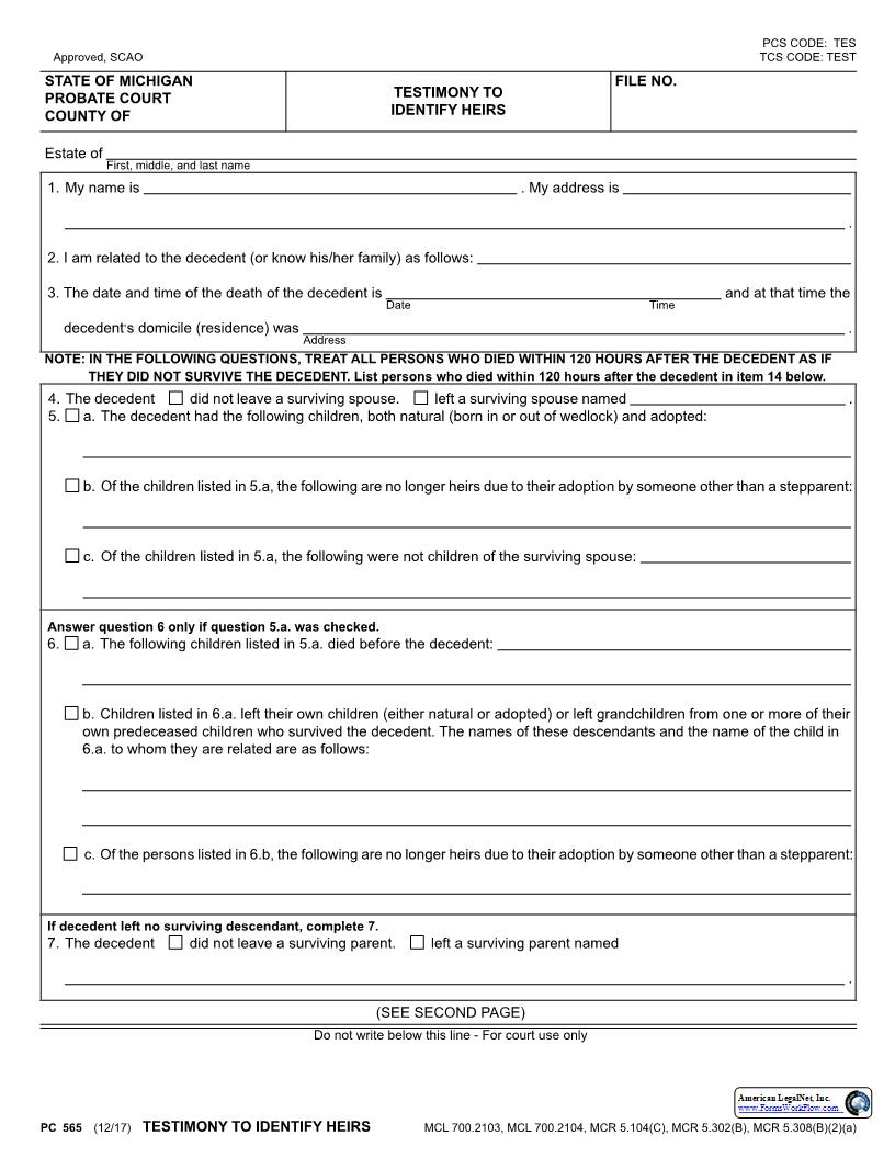 Testimony To Identify Heirs And Devisee Heirs {PC 565} | Pdf Fpdf Docx | Michigan