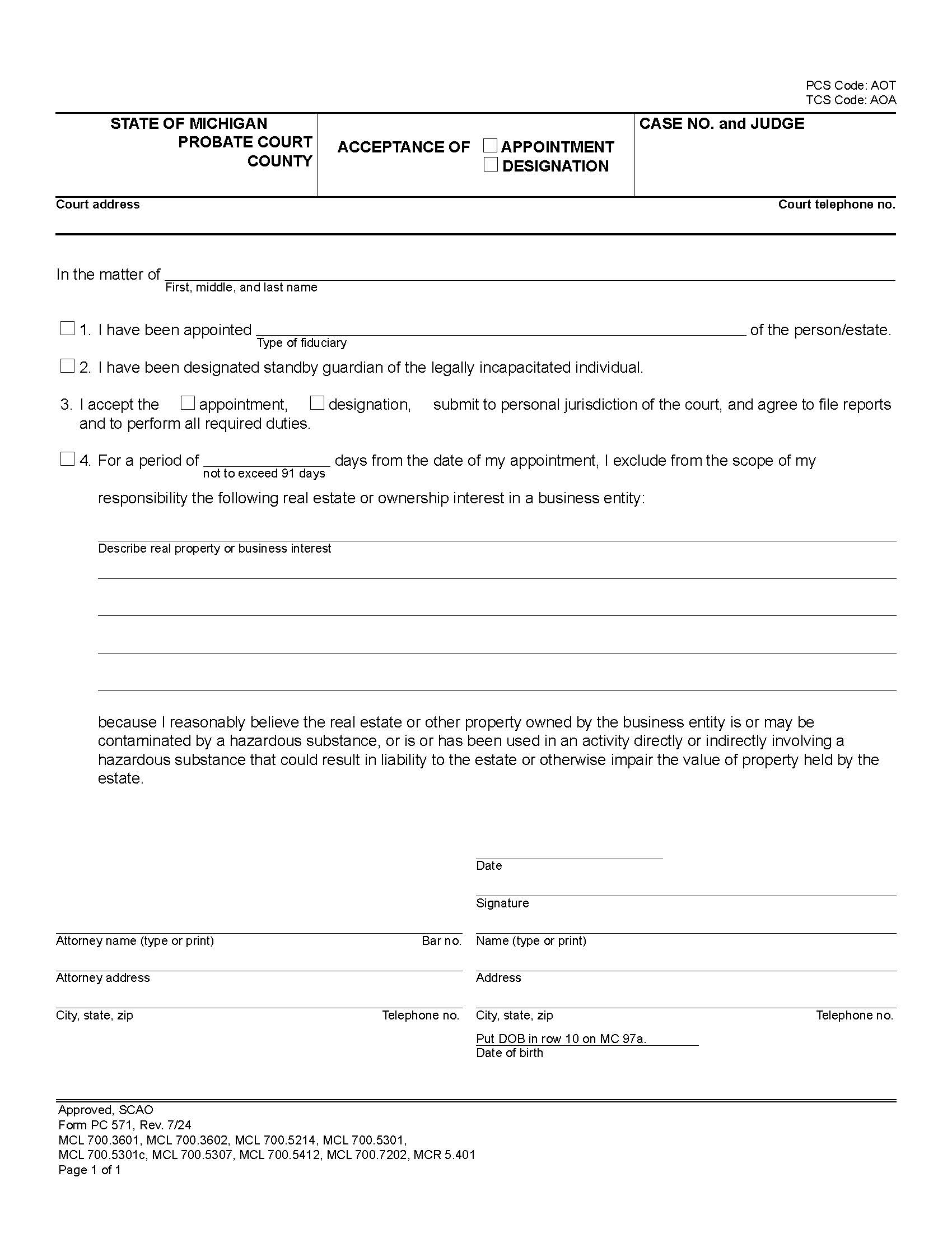 Acceptance Of Appointment {PC 571} | Pdf Fpdf Doc Docx | Michigan