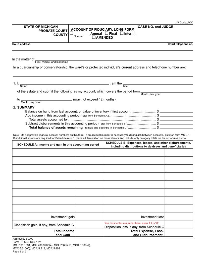 Account Of Fiduciary, Long Form {PC 584} | Pdf Fpdf Doc Docx | Michigan