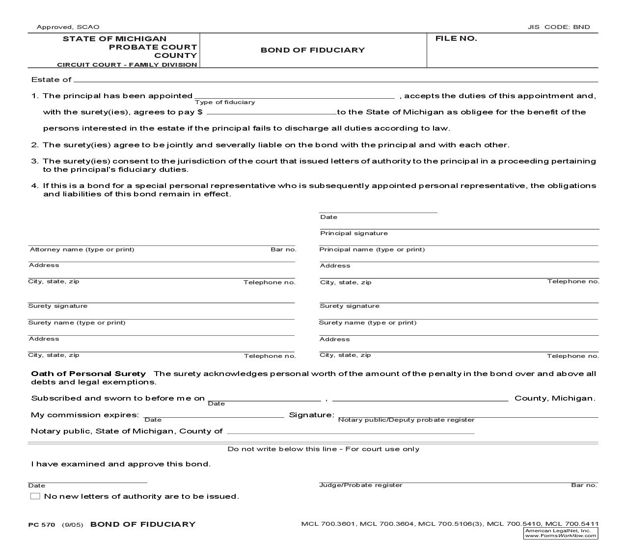 Bond Of Fiduciary {PC 570} | Pdf Fpdf Doc Docx | Michigan