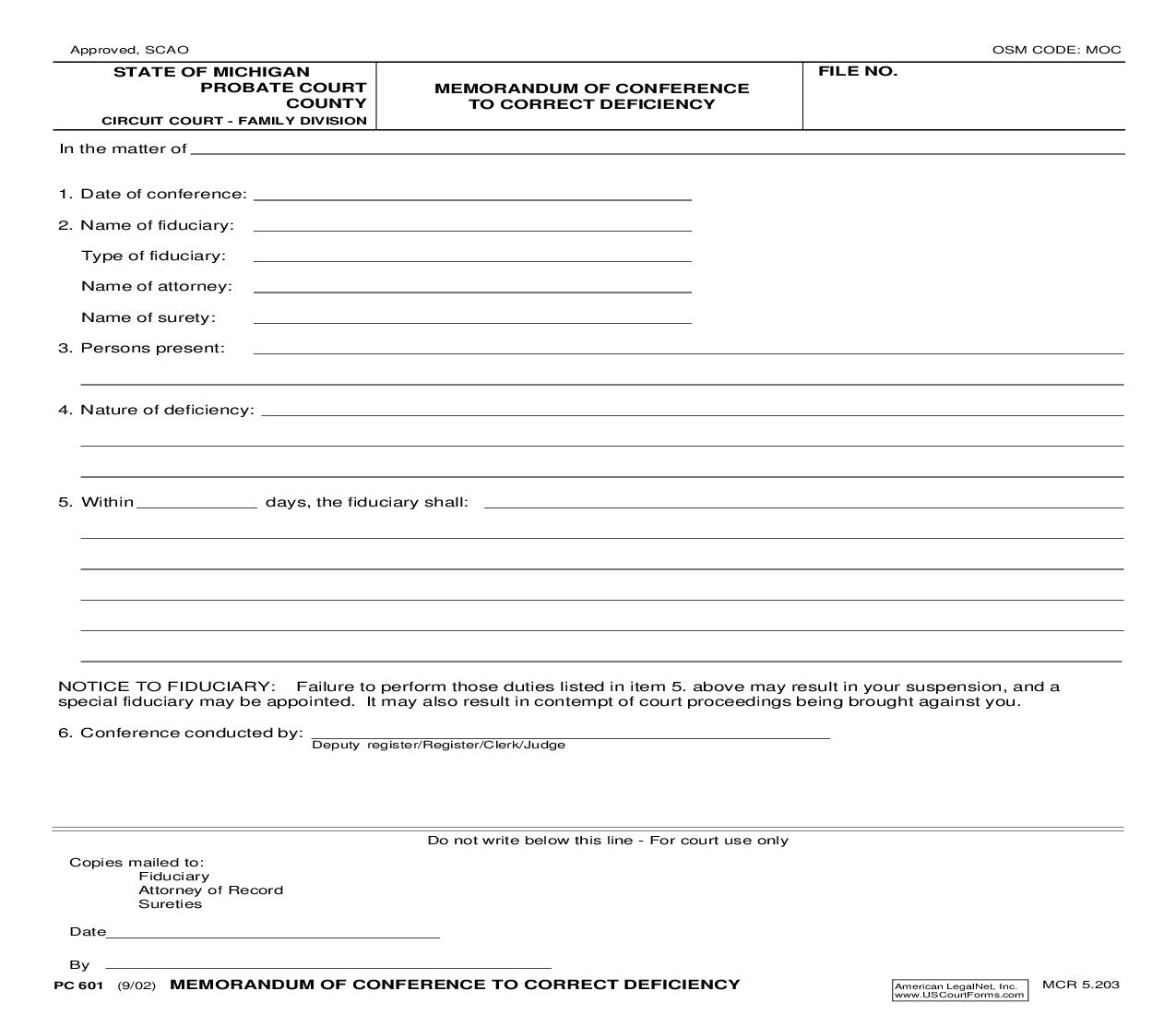 Memorandum Of Conference To Correct Deficiency {PC 601} | Pdf Fpdf Doc Docx | Michigan