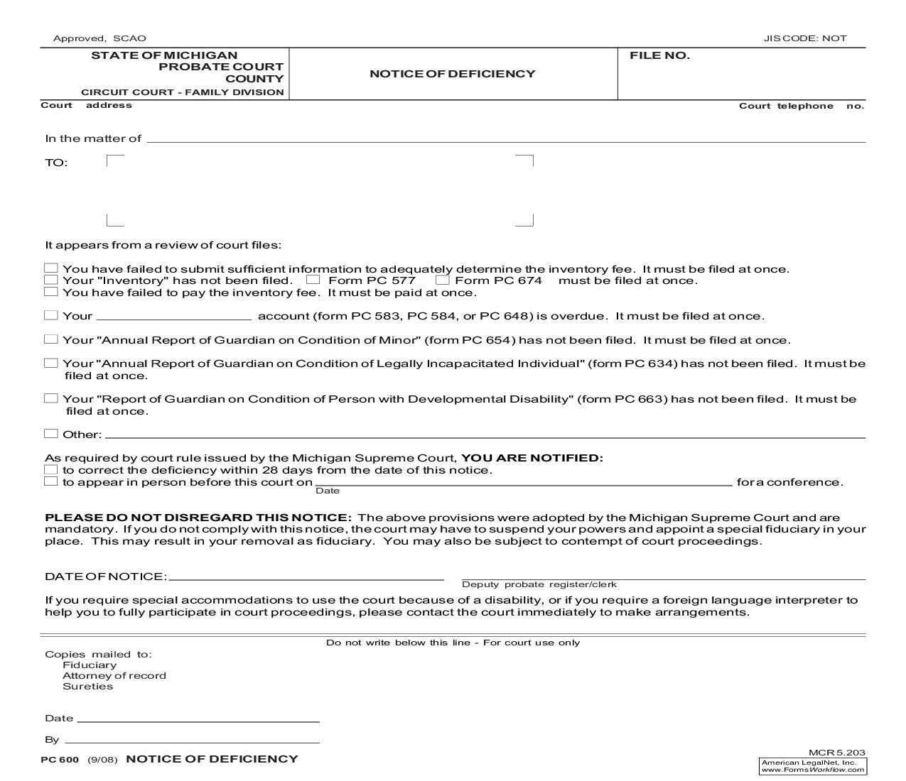 Notice Of Deficiency {PC 600} | Pdf Fpdf Doc Docx | Michigan