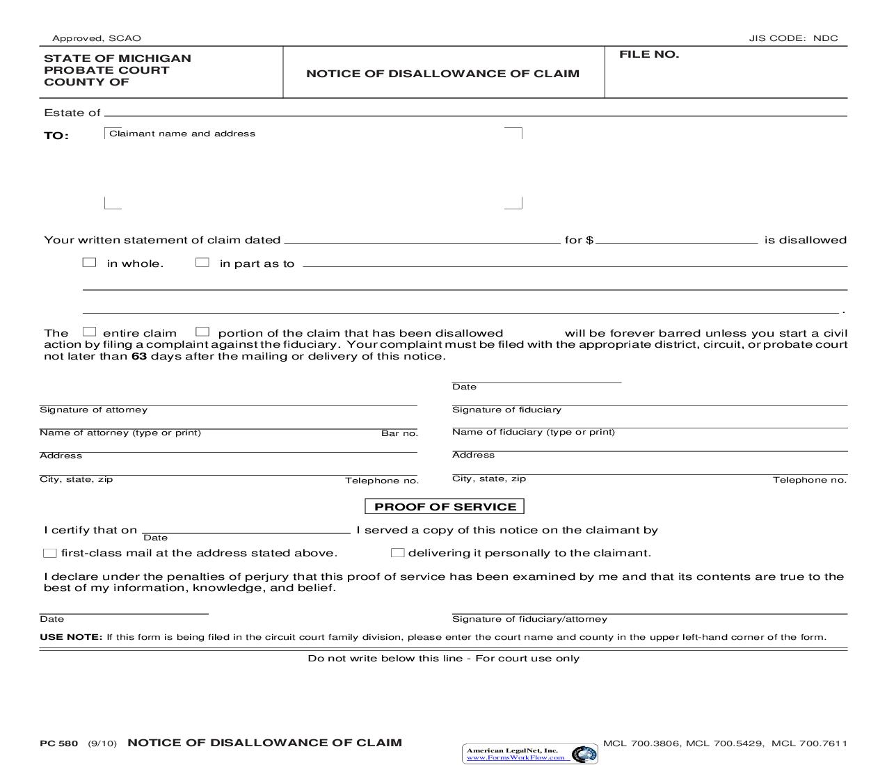 Notice Of Disallowance Of Claim {PC 580} | Pdf Fpdf Doc Docx | Michigan