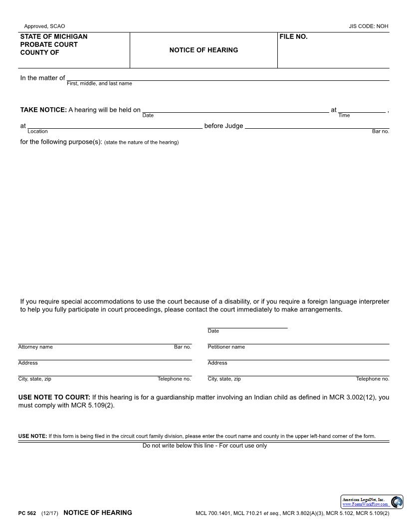 Notice Of Hearing {PC 562} | Pdf Fpdf Docx | Michigan