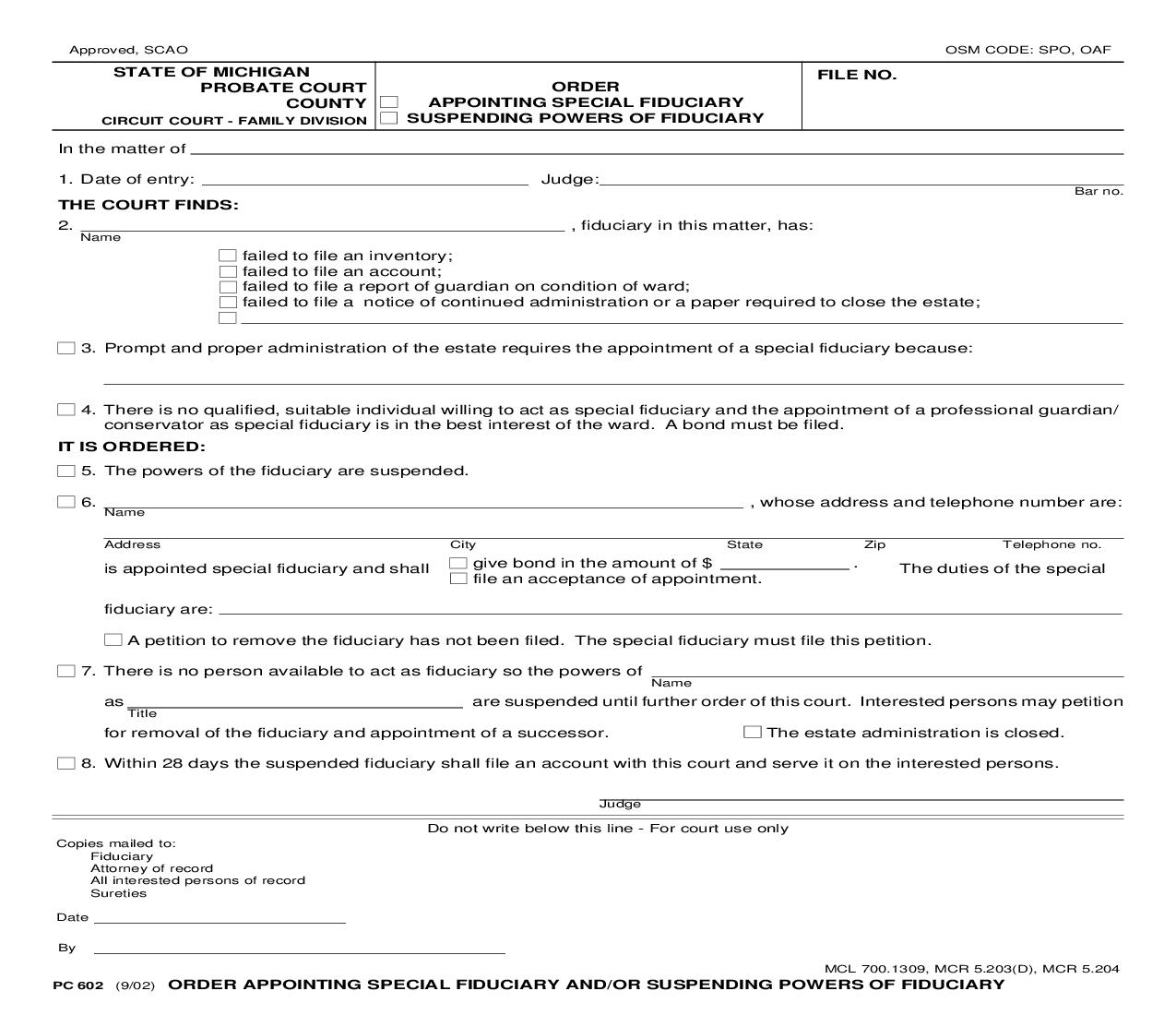 Order Appointing Special Fiduciary Suspending Powers Of Fiduciary {PC 602} | Pdf Fpdf Doc Docx | Michigan