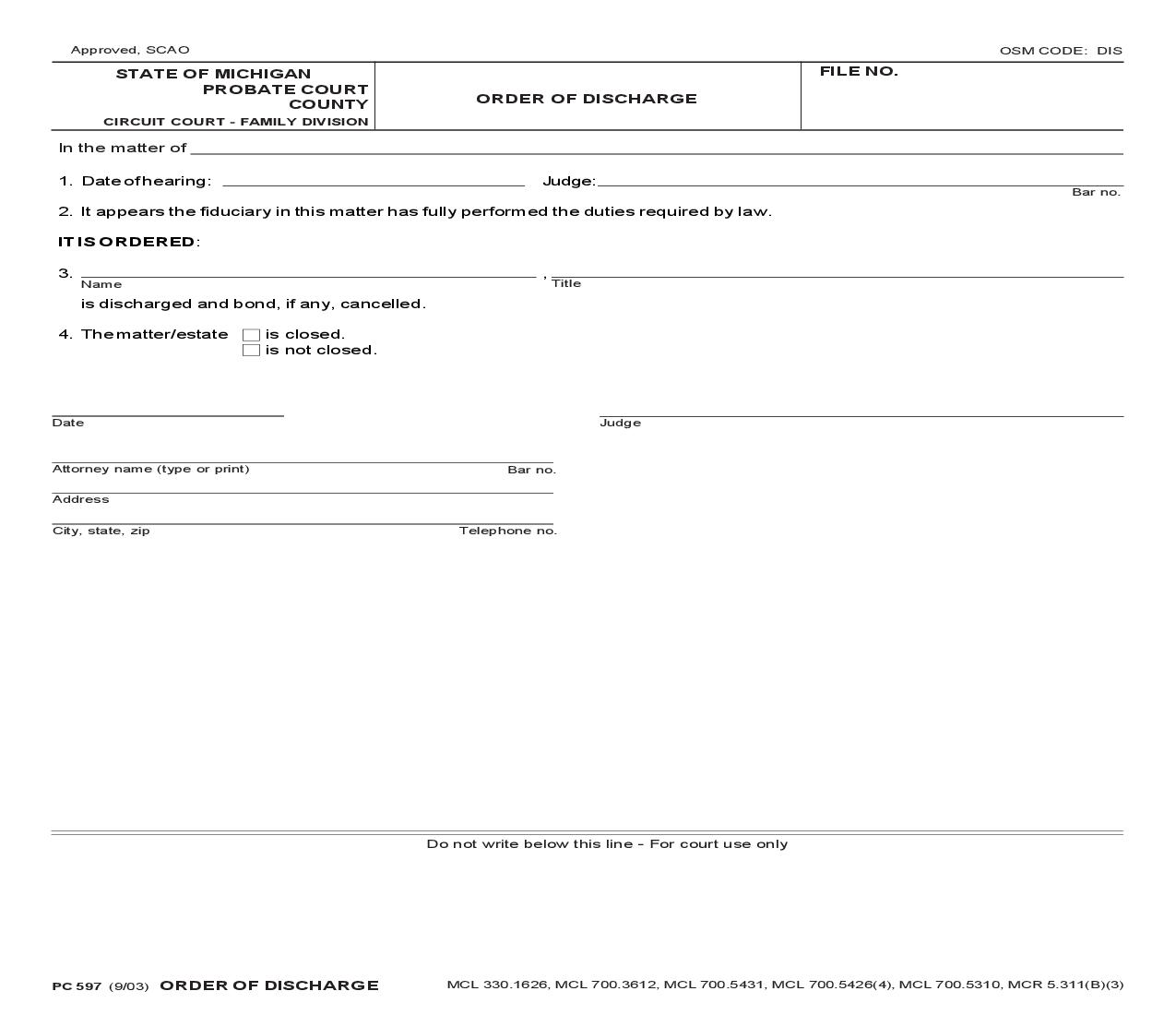Order Of Discharge {PC 597} | Pdf Fpdf Doc Docx | Michigan