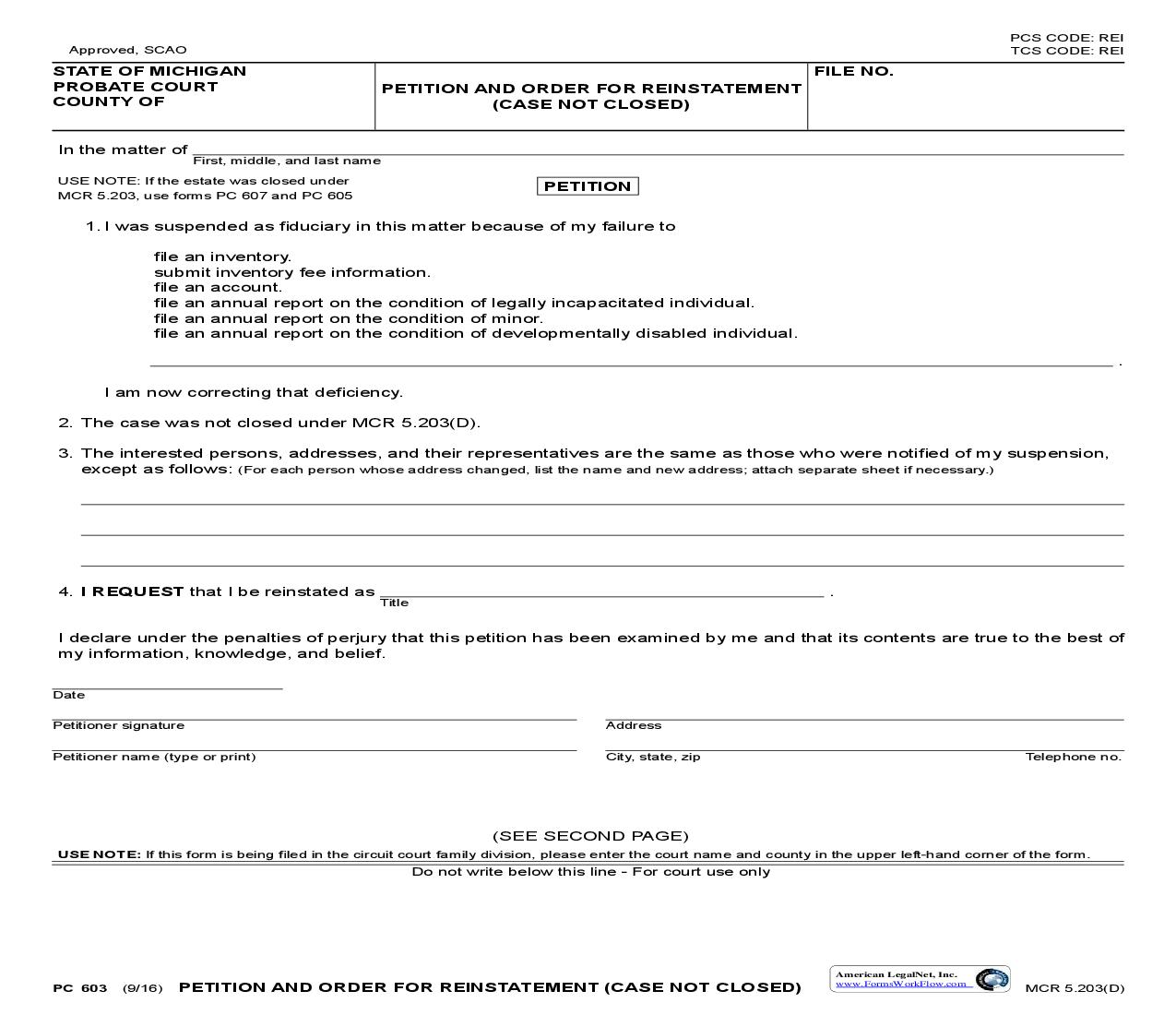 Petition And Order For Reinstatement (Case Not Closed) {PC 603} | Pdf Fpdf Doc Docx | Michigan