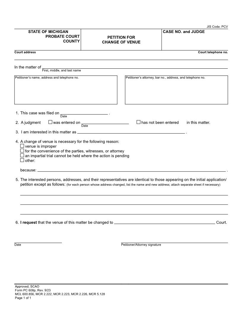 Petition For Change Of Venue {PC 608p} | Pdf Fpdf Docx | Michigan