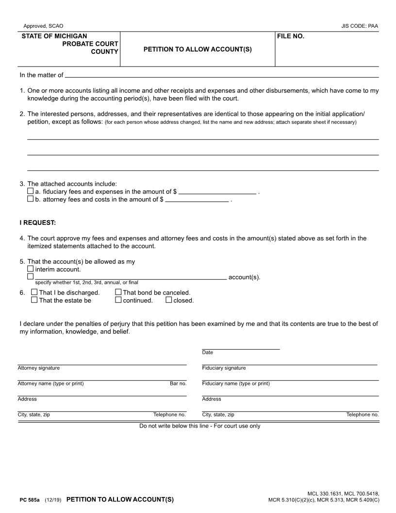 Petition To Allow Accounts {PC 585a} | Pdf Fpdf Doc Docx | Michigan