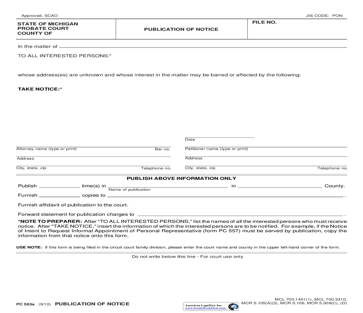 Publication Of Notice {PC 563a} | Pdf Fpdf Doc Docx | Michigan
