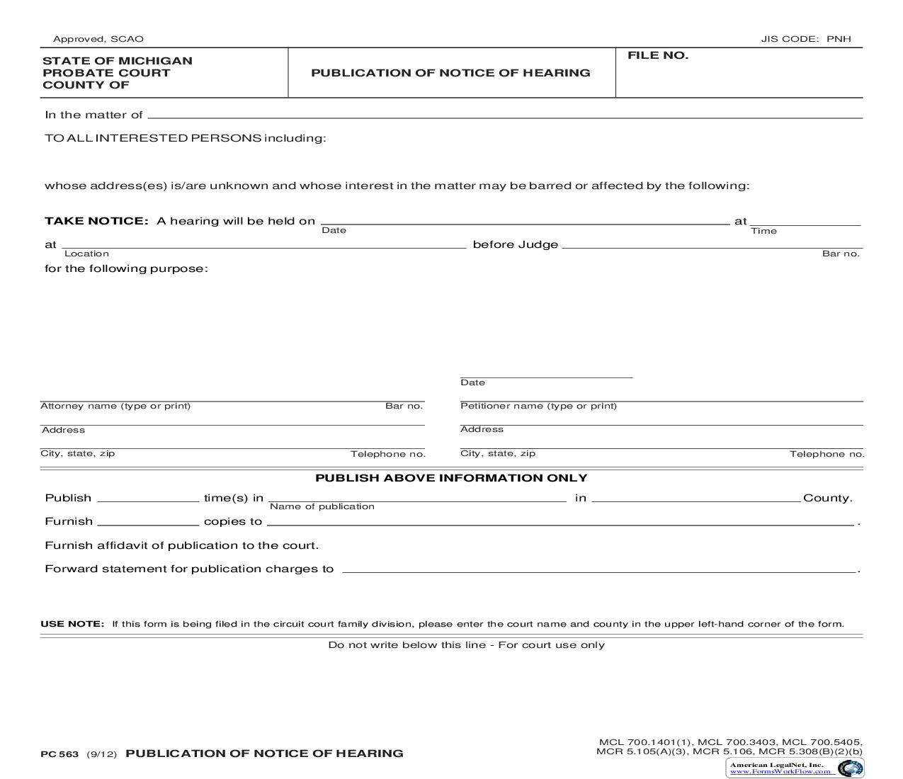 Publication Of Notice Of Hearing {PC 563} | Pdf Fpdf Doc Docx | Michigan