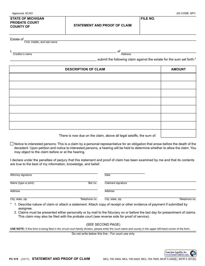 Statement And Proof Of Claim {PC 579} | Pdf Fpdf Docx | Michigan