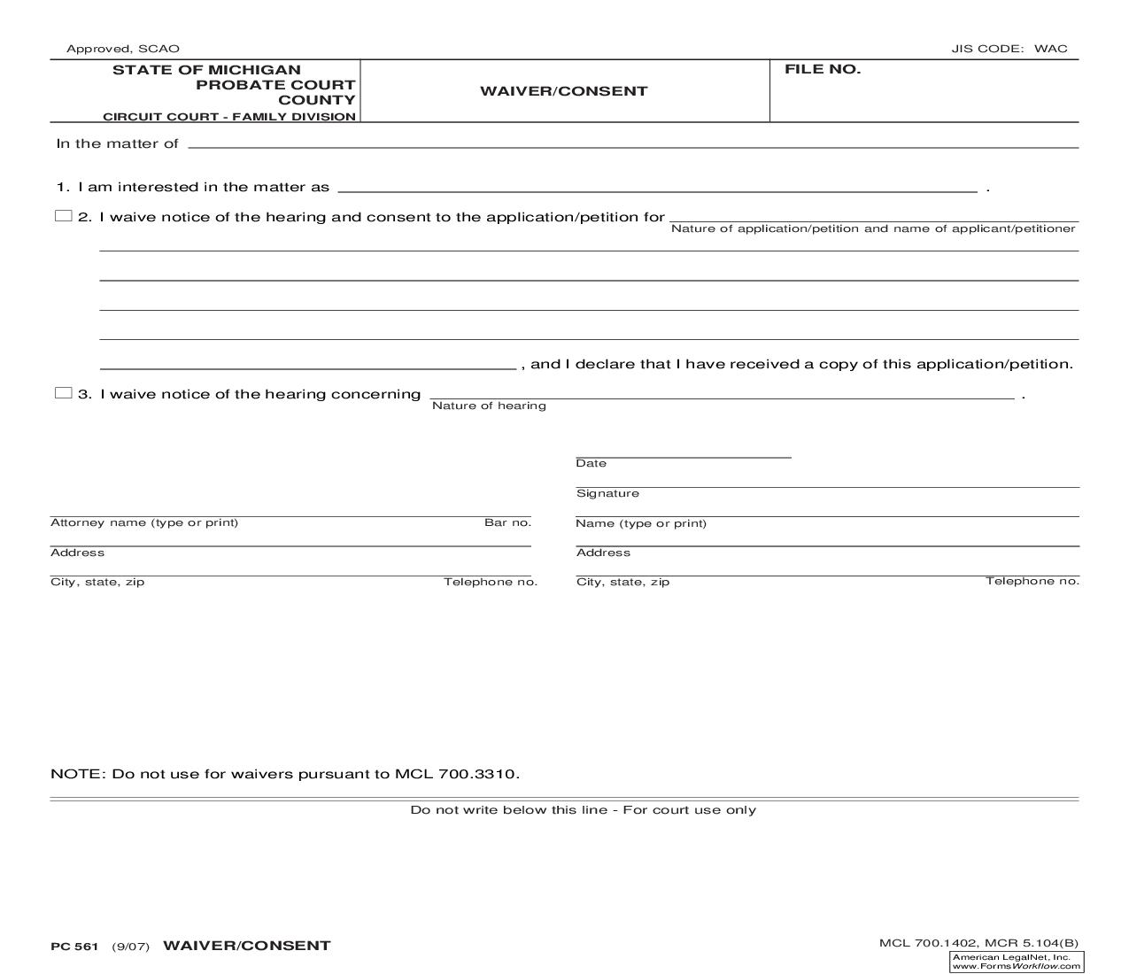 Waiver Consent {PC 561} | Pdf Fpdf Doc Docx | Michigan