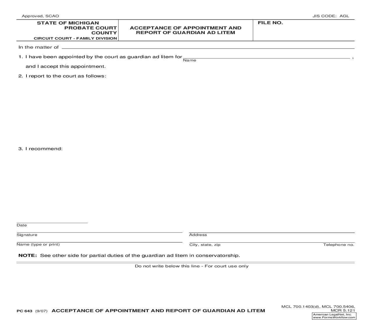 Acceptance Of Appointment And Report Of Guardian Ad Litem {PC 643} | Pdf Fpdf Doc Docx | Michigan