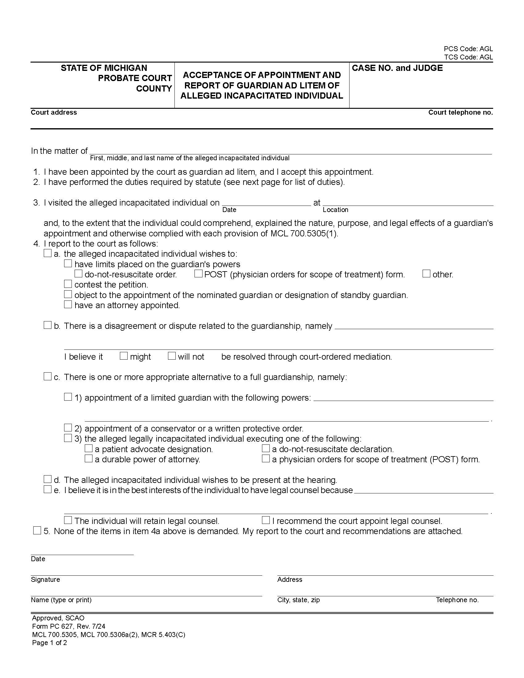 Acceptance Of Appointment Of Guardian Ad Litem (Incapacitated)  {PC 627} | Pdf Fpdf Docx | Michigan