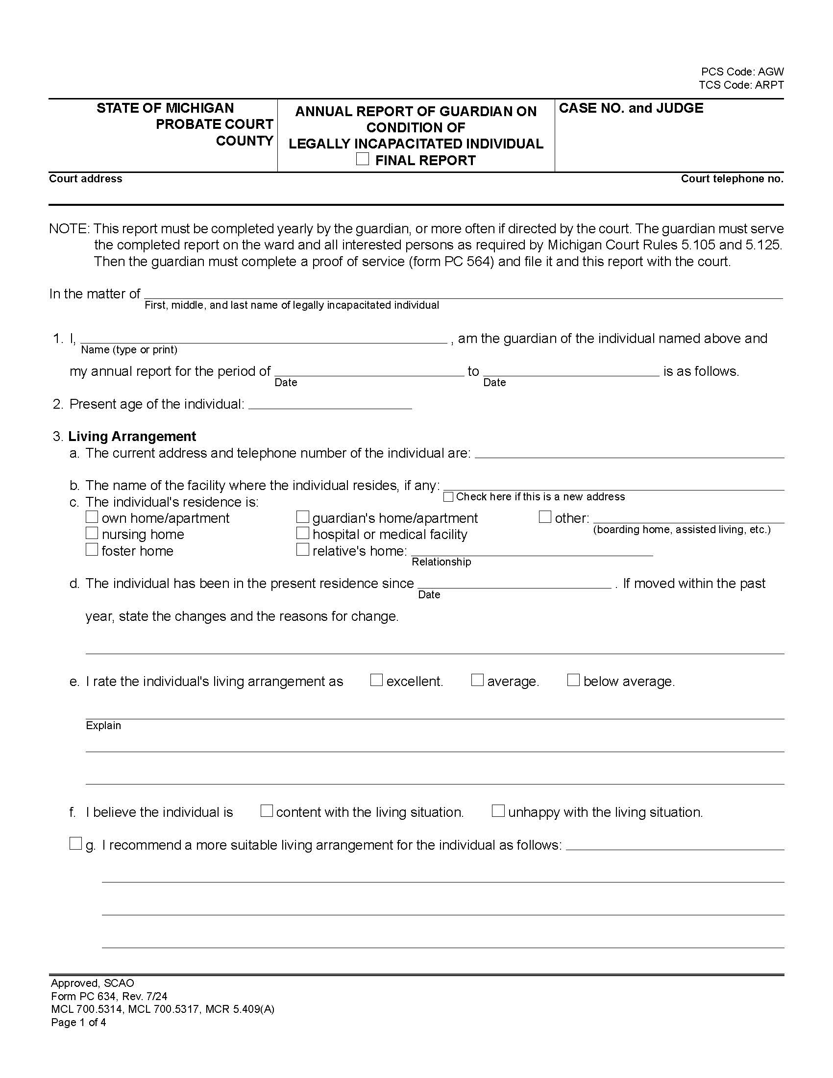 Annual Report Of Guardian On Condition Of Legally Incapacitated Individual {PC 634} | Pdf Fpdf Docx | Michigan
