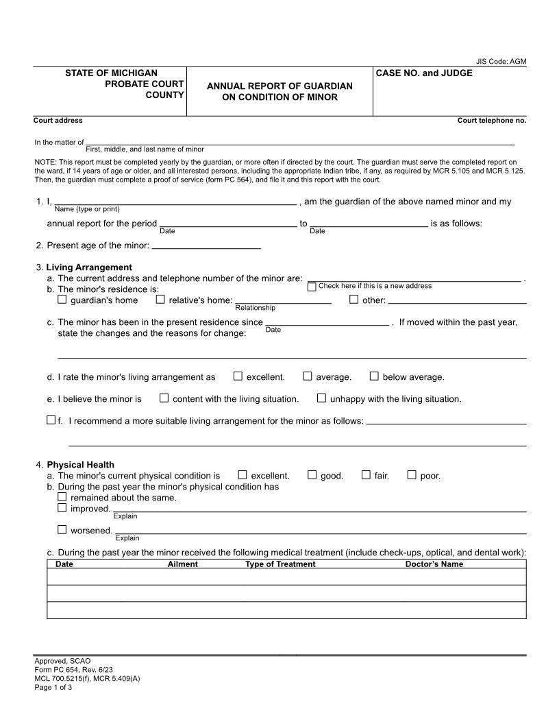 Annual Report Of Guardian On Condition Of Minor {PC 654} | Pdf Fpdf Docx | Michigan