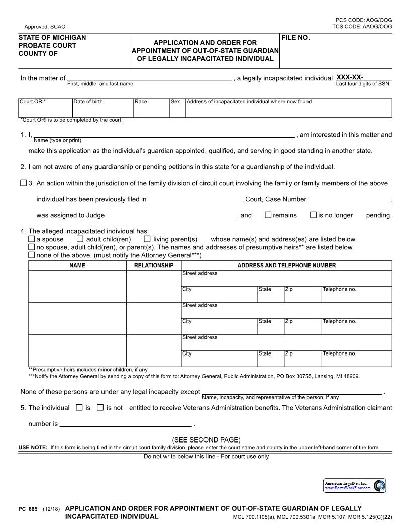 Application And Order For Appointment Of Out-Of-State Guardian {PC 685} | Pdf Fpdf Docx | Michigan