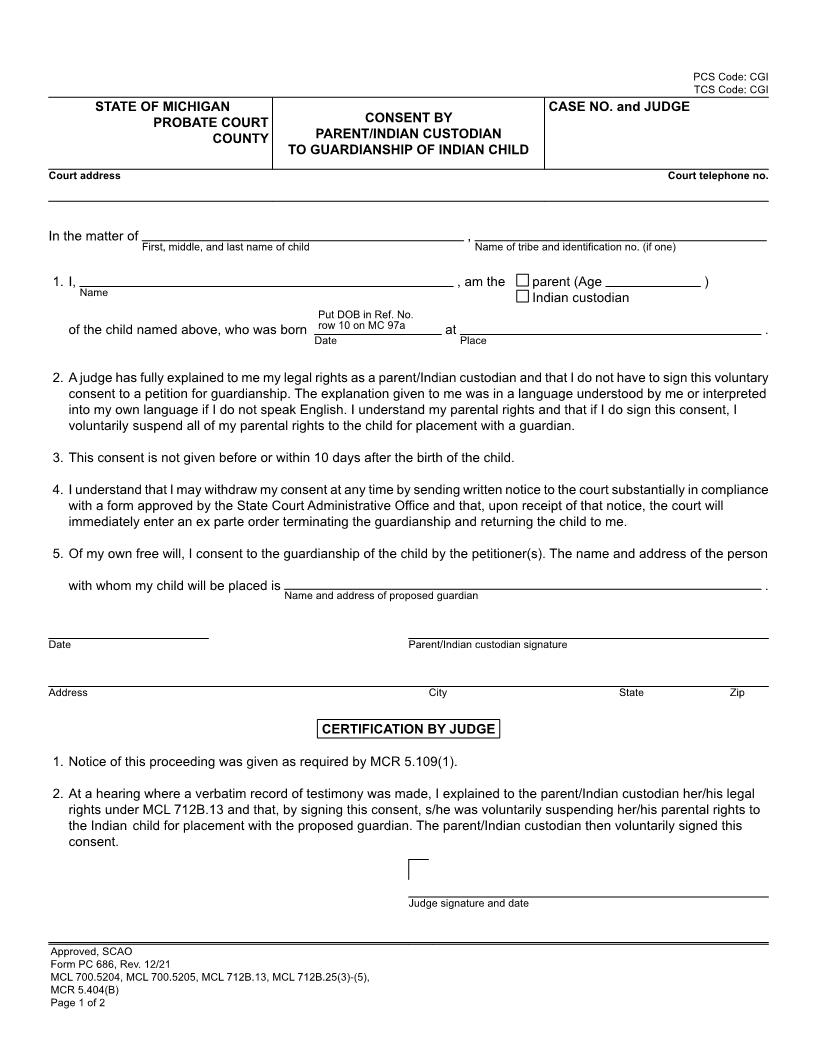 Consent By Parent Indian Custodian To Guardianship Of Indian Child {PC 686} | Pdf Fpdf Docx | Michigan