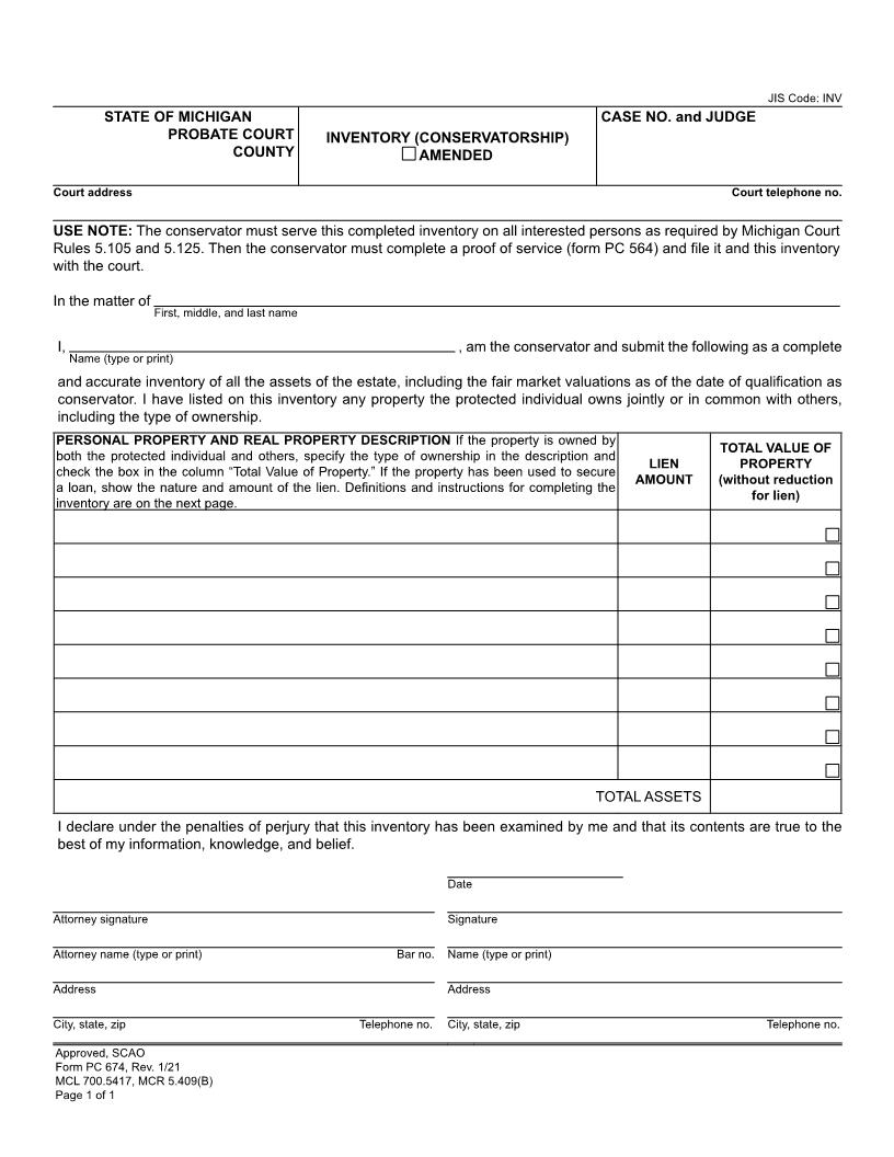 Inventory (Conservatorship) {PC 674} | Pdf Fpdf Doc Docx | Michigan