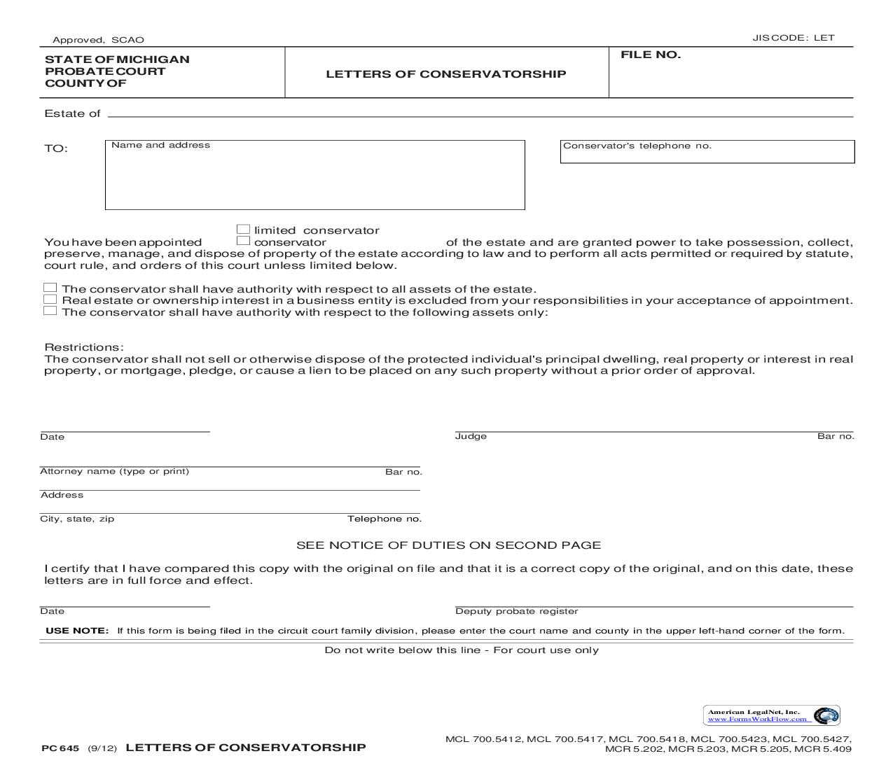 Letters Of Conservatorship {PC 645} | Pdf Fpdf Doc Docx | Michigan