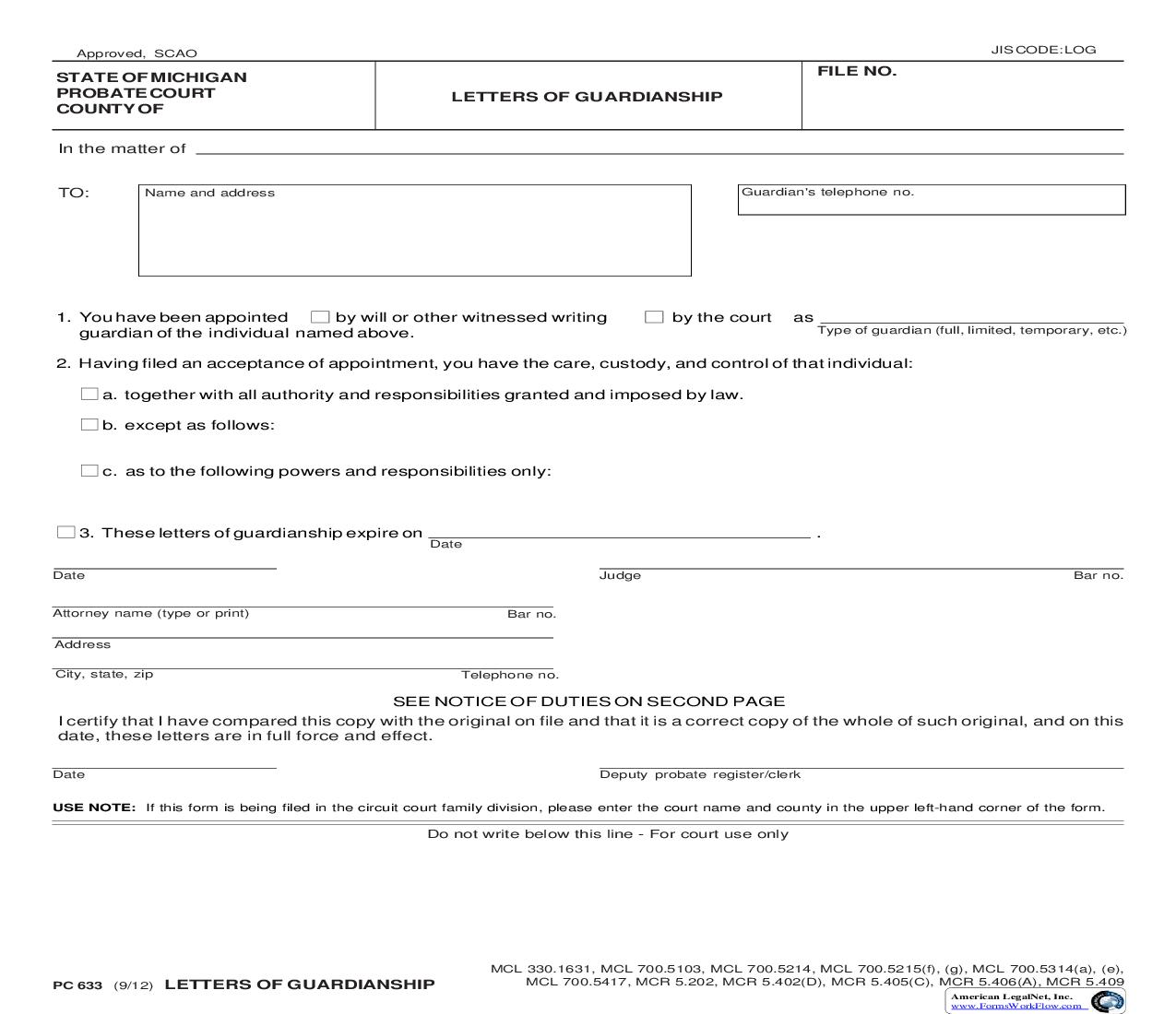 Letters Of Guardianship {PC 633} | Pdf Fpdf Doc Docx | Michigan