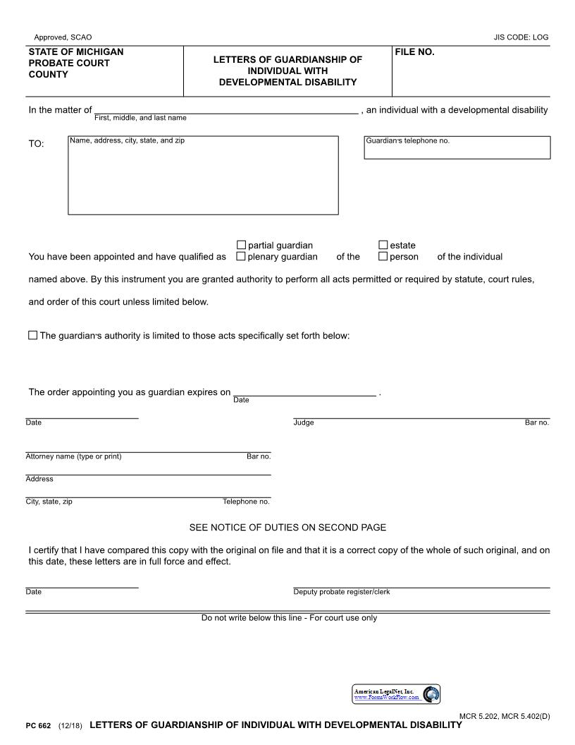 Letters Of Guardianship Of Individual With Developmental Disability {PC 662} | Pdf Fpdf Docx | Michigan