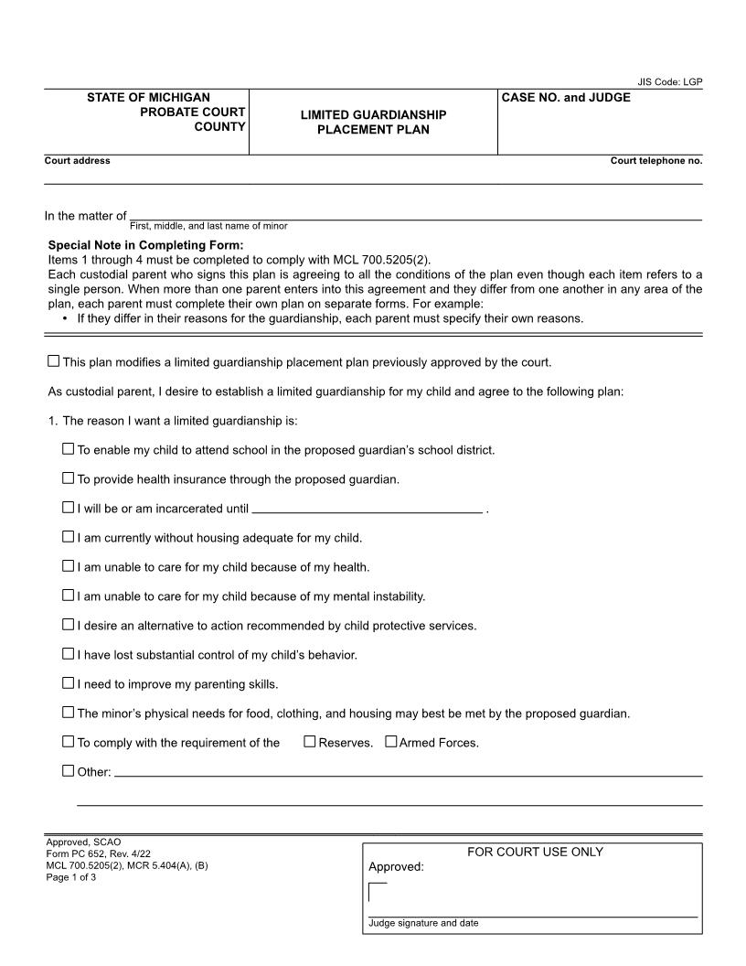 Limited Guardianship Placement Plan {PC 652} | Pdf Fpdf Doc Docx | Michigan