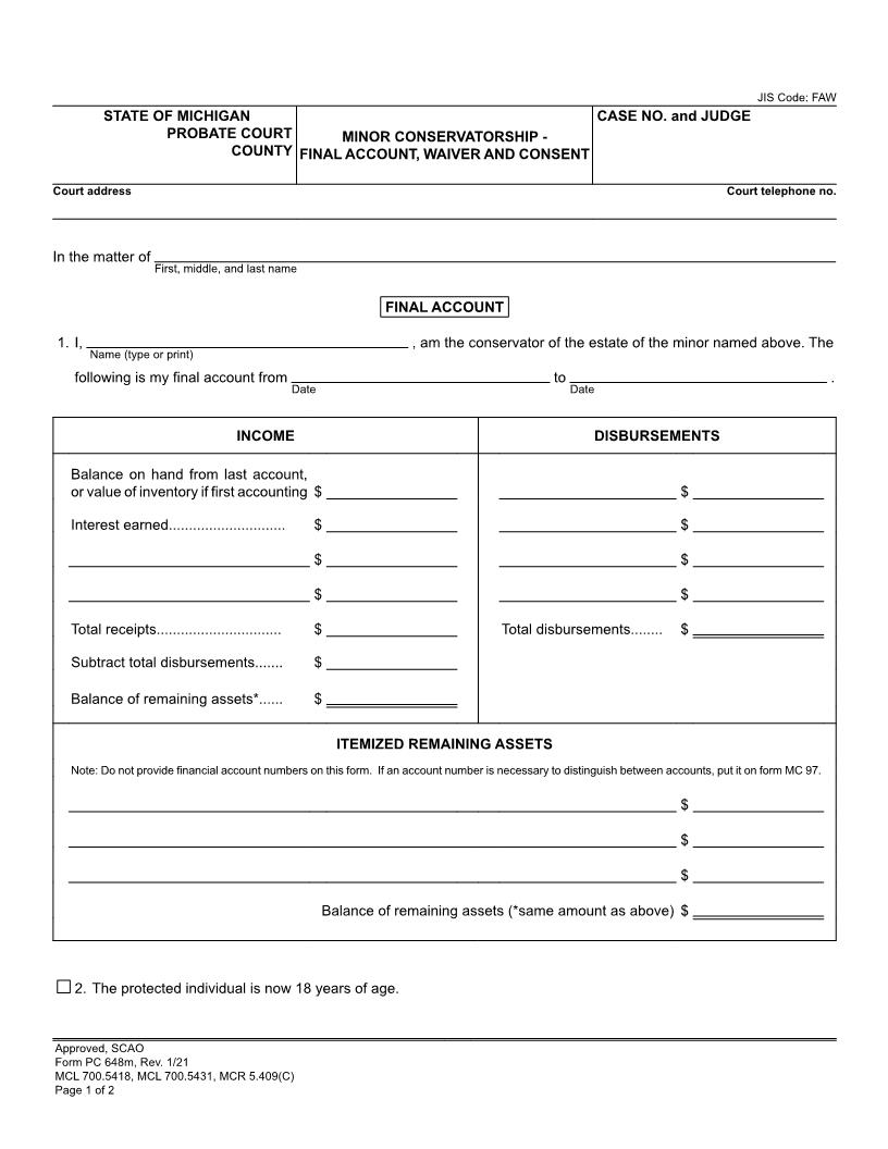 Minor Conservatorship Final Account Waiver And Consent {PC 648m} | Pdf Fpdf Docx | Michigan