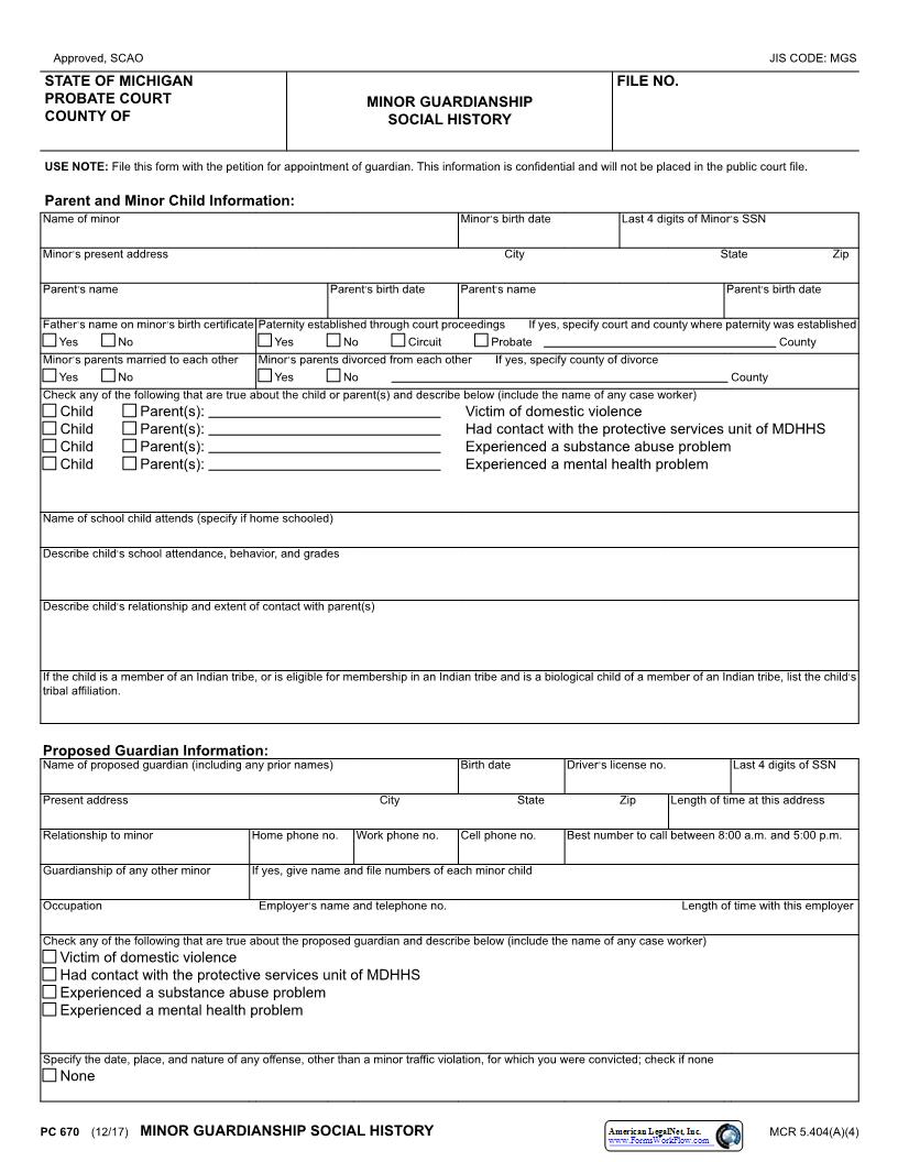 Minor Guardianship Social History {PC 670} | Pdf Fpdf Docx | Michigan