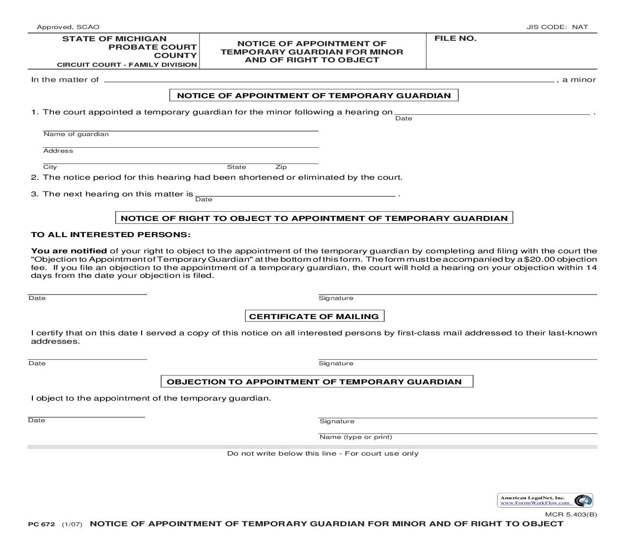 Notice Of Appointment Of Temporary Guardian For Minor And Of Right To Object {PC 672} | Pdf Fpdf Doc Docx | Michigan