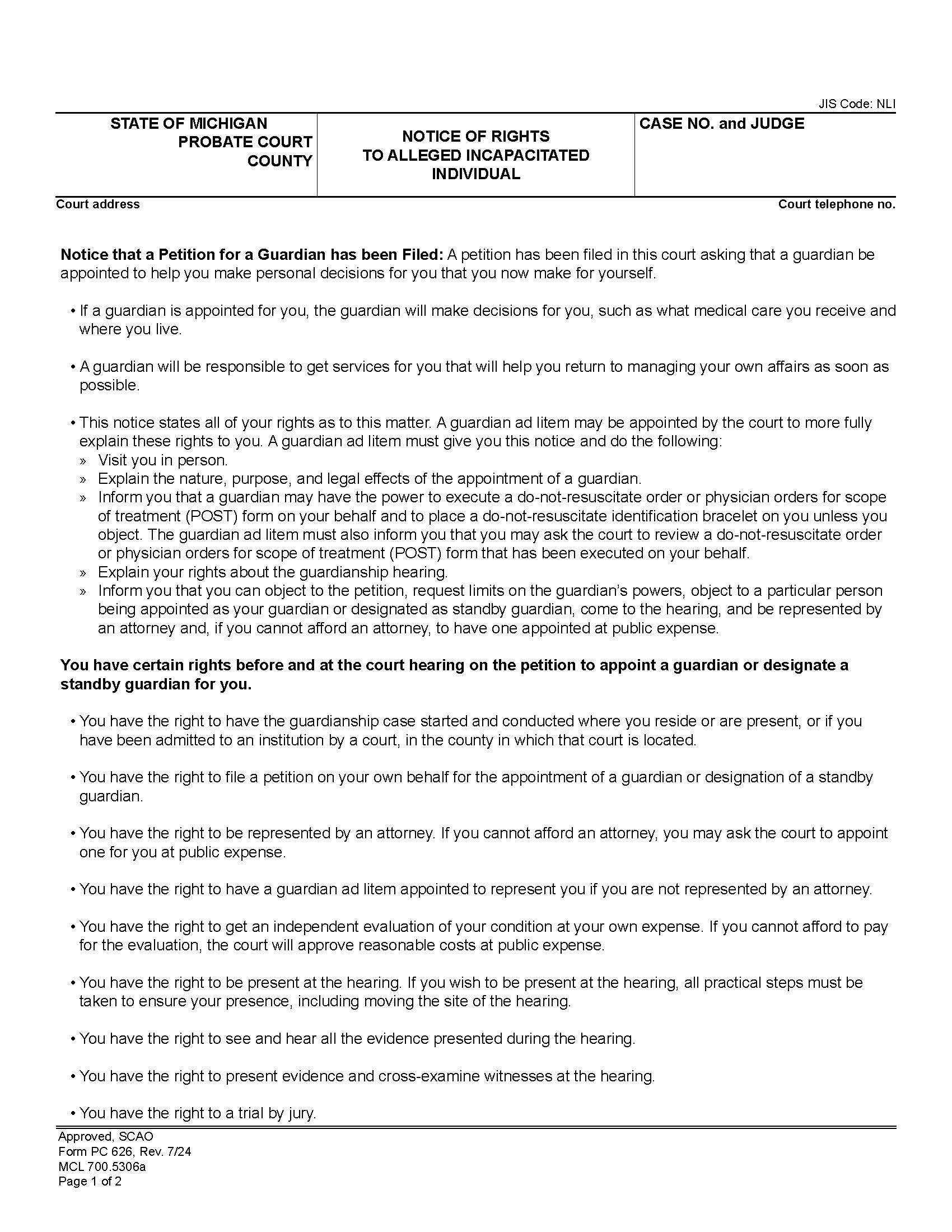 Notice Of Rights To Alleged Incapacitated Individual {PC 626} | Pdf Fpdf Docx | Michigan