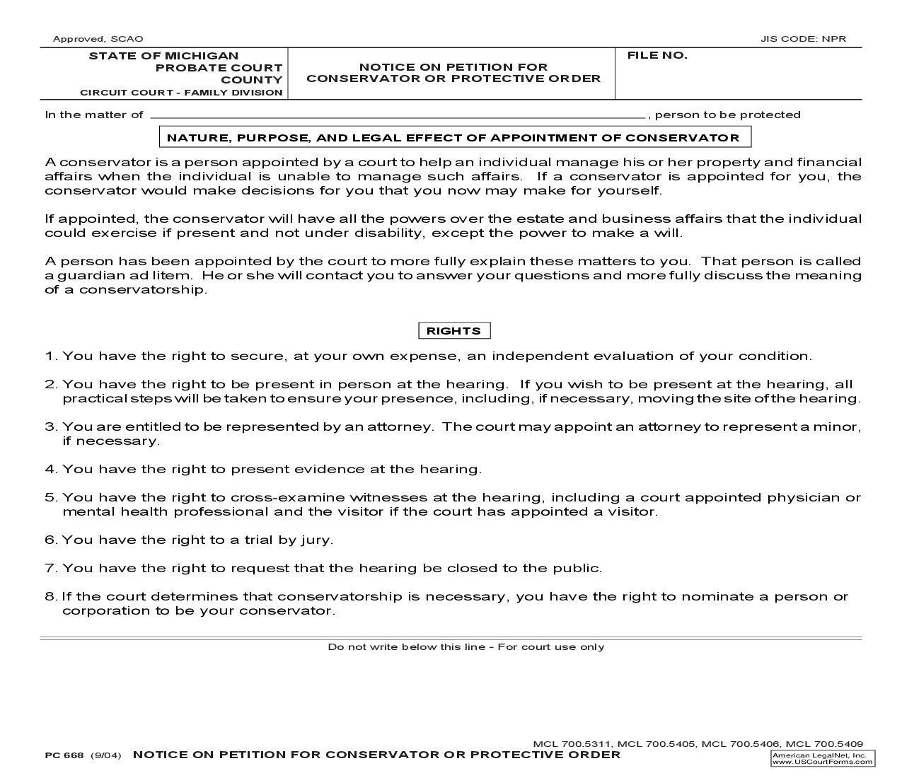 Notice On Petition For Conservator Or Protective Order {PC 668} | Pdf Fpdf Doc Docx | Michigan