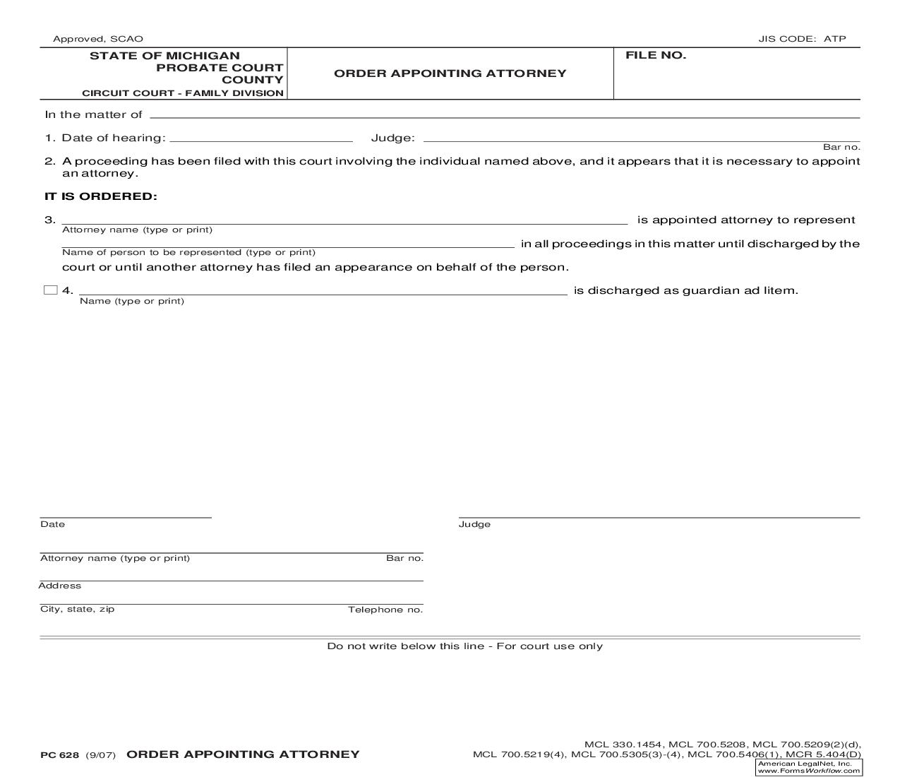 Order Appointing Attorney {PC 628} | Pdf Fpdf Doc Docx | Michigan