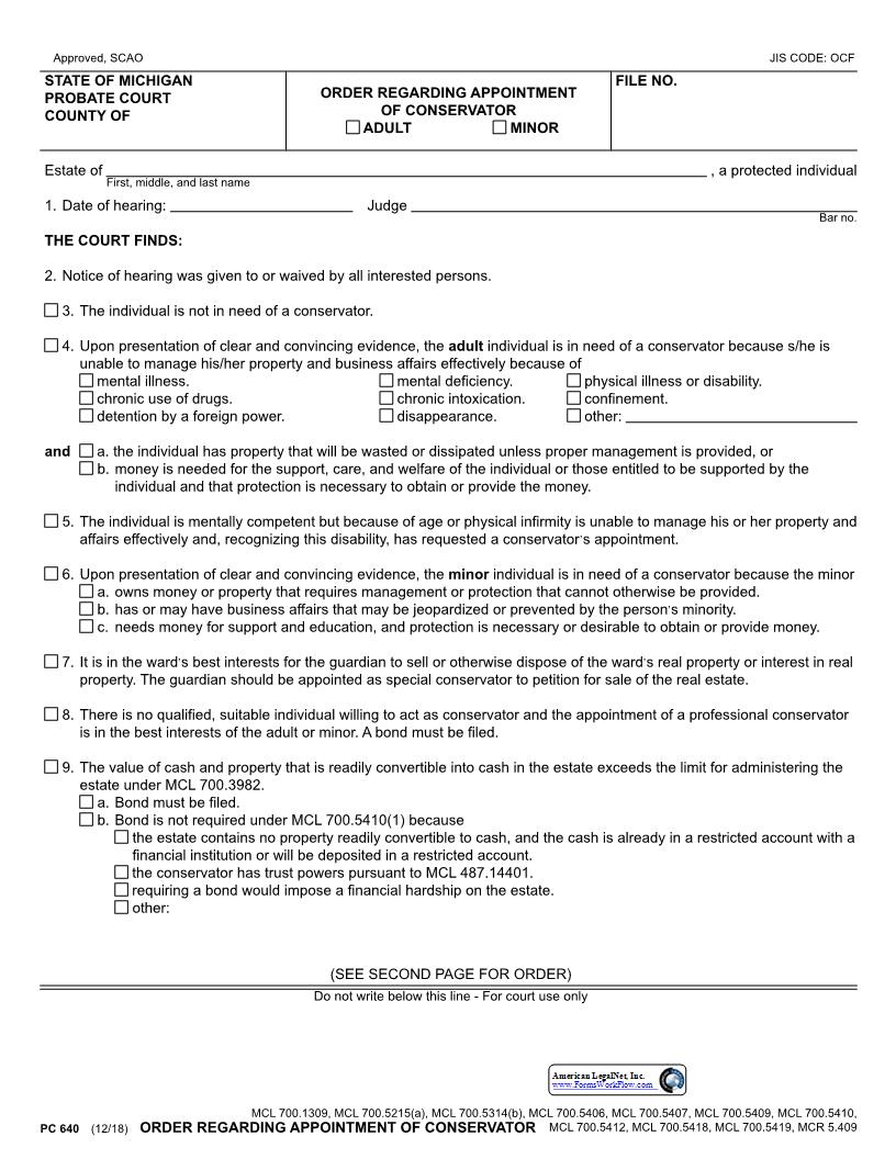 Order Appointing Conservator {PC 640} | Pdf Fpdf Docx | Michigan