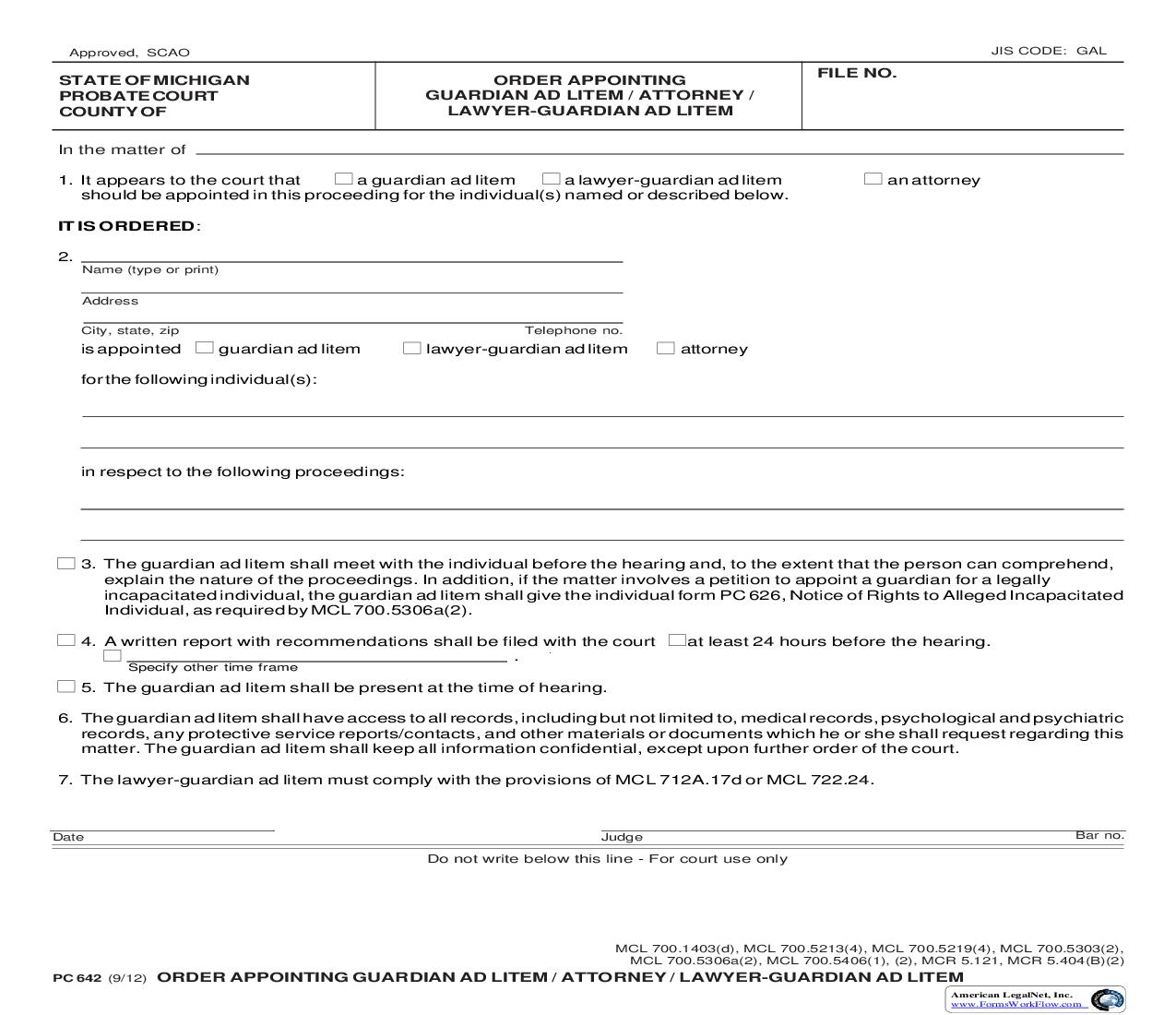 Order Appointing Guardian Ad Litem Attorney Lawyer Guardian Ad Litem {PC 642} | Pdf Fpdf Doc Docx | Michigan
