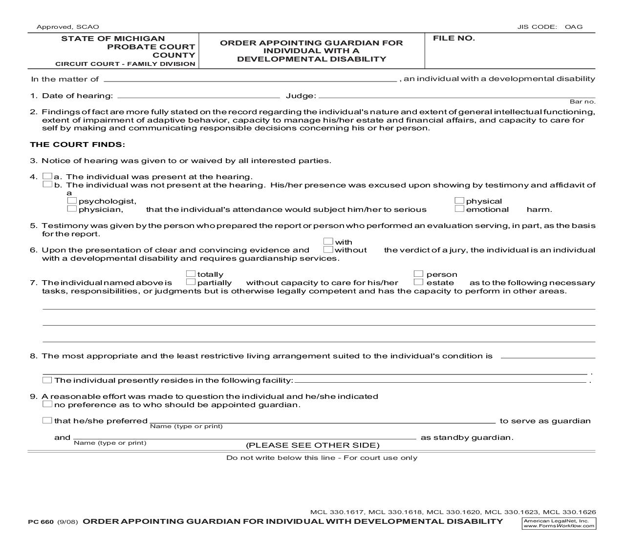 Order Appointing Guardian For Individual With Developmental Disability {PC 660} | Pdf Fpdf Doc Docx | Michigan