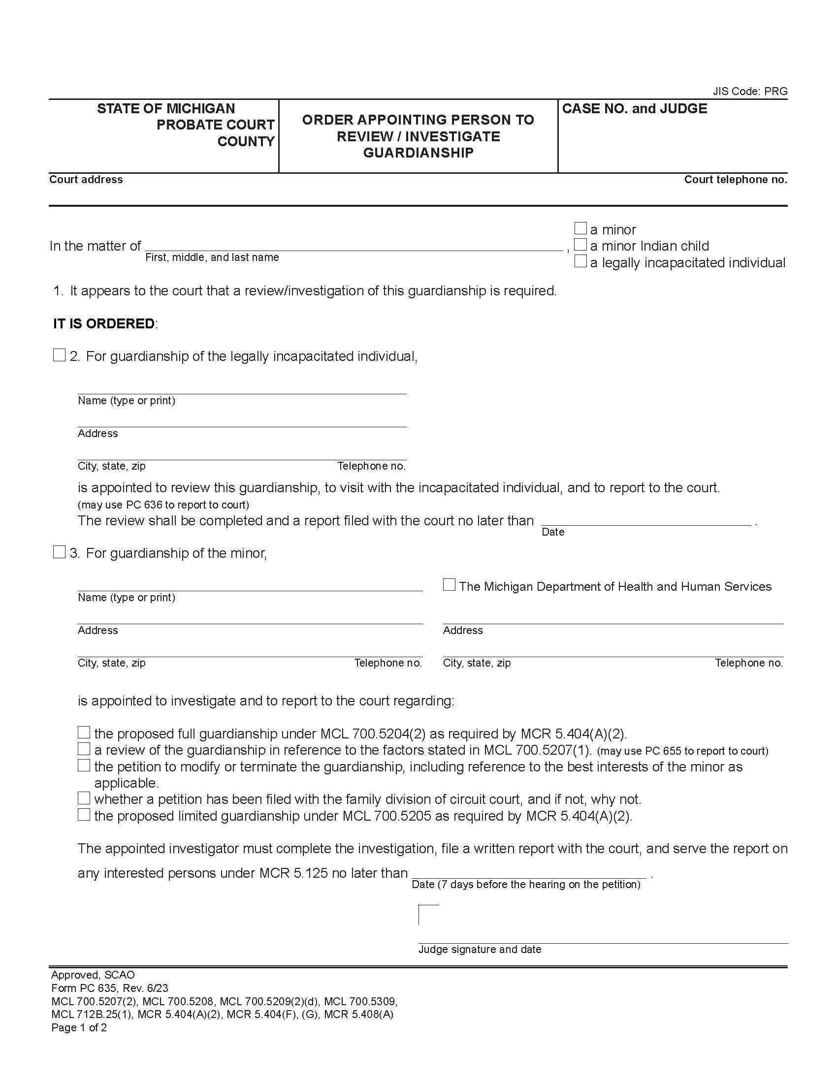Order Appointing Person To Review Investigate Guardianship {PC 635} | Pdf Fpdf Doc Docx | Michigan