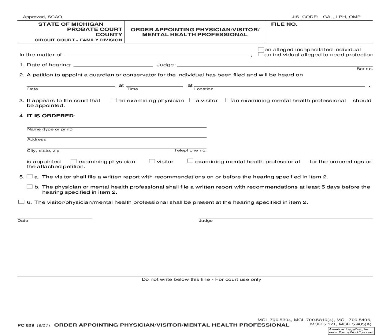 Order Appointing Physician Visitor Mental Health Professional {PC 629} | Pdf Fpdf Doc Docx | Michigan