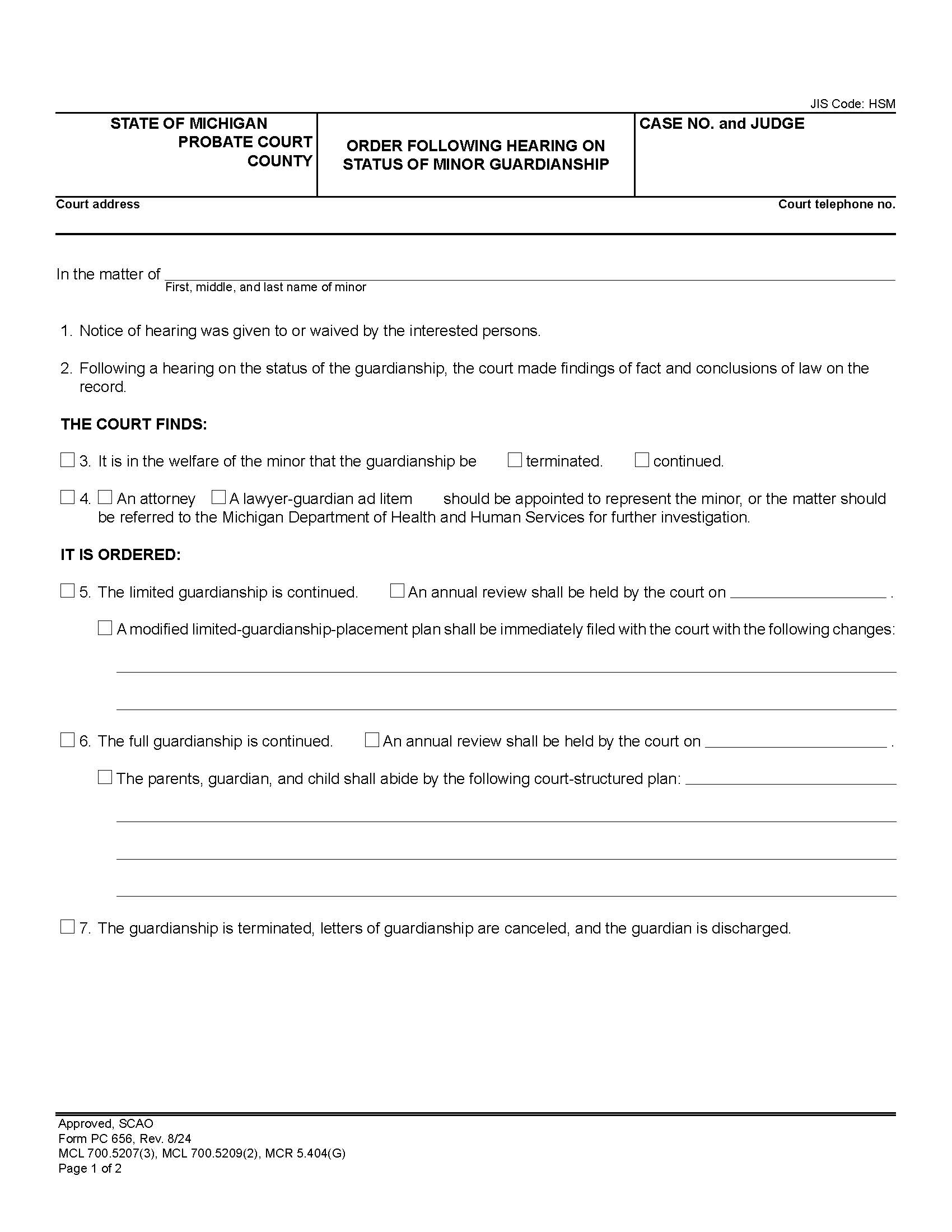 Order Following Hearing On Status Of Minor Guardianship {PC 656} | Pdf Fpdf Doc Docx | Michigan