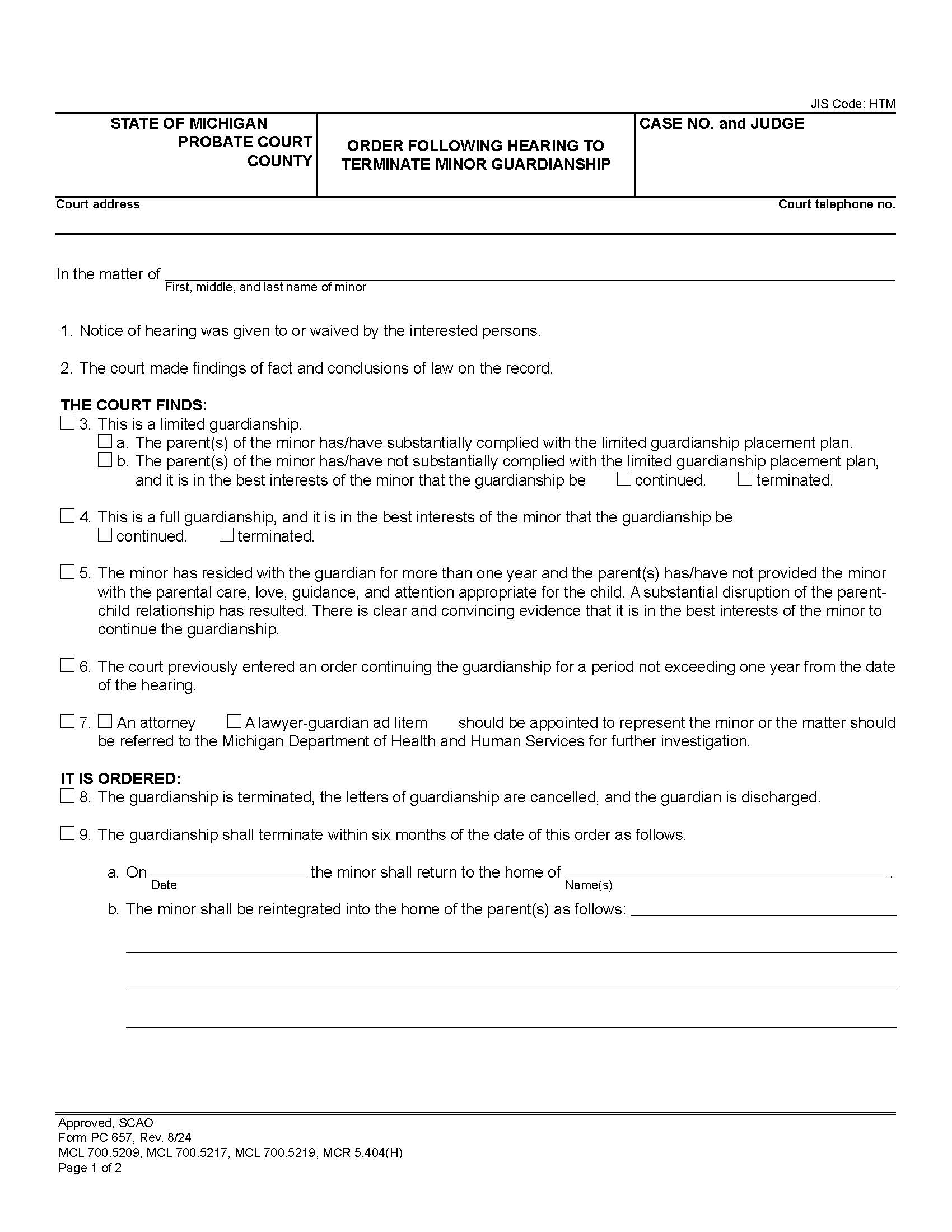 Order Following Hearing To Terminate Minor Guardianship {PC 657} | Pdf Fpdf Doc Docx | Michigan