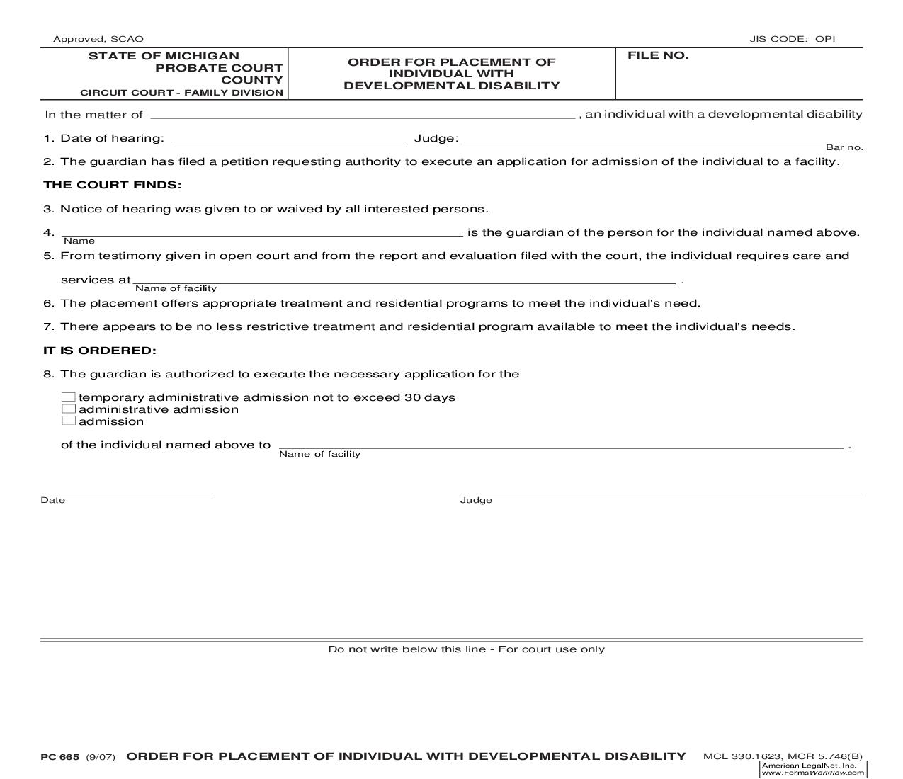 Order For Placement Of Individual With Developmental Disability {PC 665} | Pdf Fpdf Doc Docx | Michigan