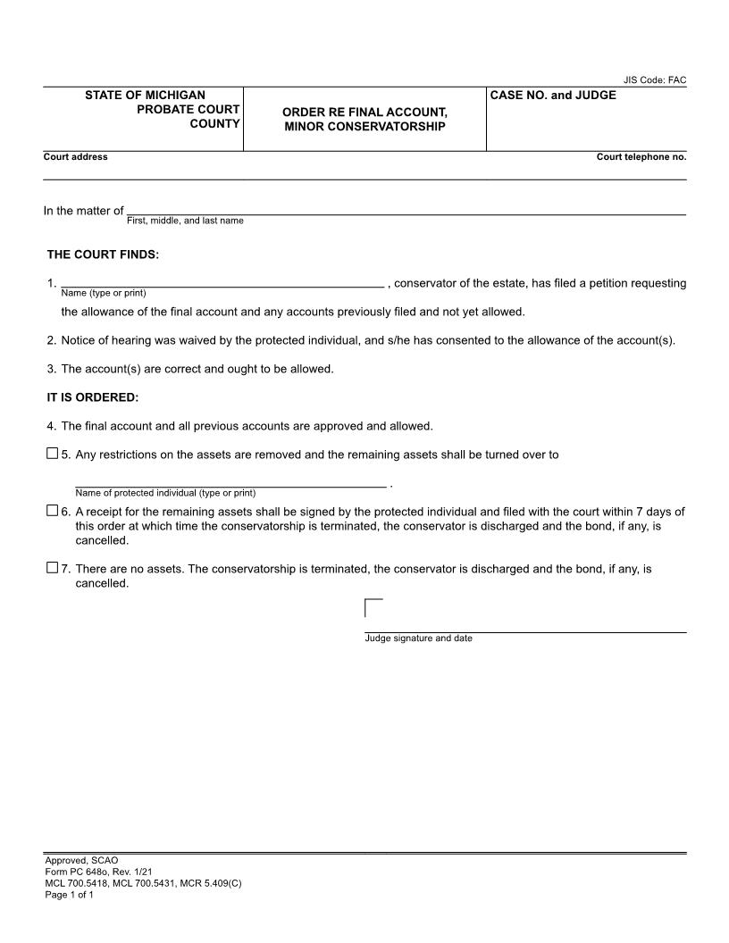 Order Re Final Account Minor Conservatorship {PC 648o} | Pdf Fpdf Docx | Michigan
