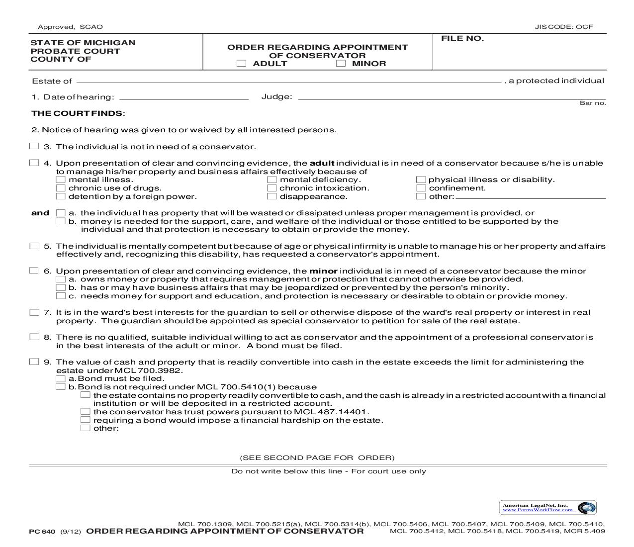 Order Regarding Appointment Of Conservator {PC 640} | Pdf Fpdf Doc Docx | Michigan