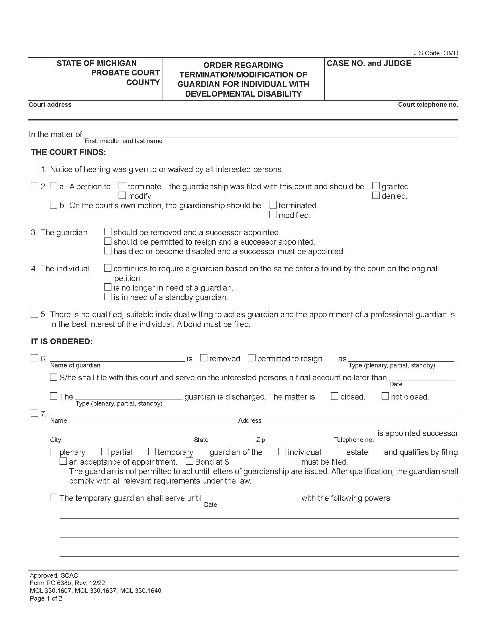 Order Regarding Appointment Of Guardian For Individual With Developmental Disability {PC 638b} | Pdf Fpdf Docx | Michigan